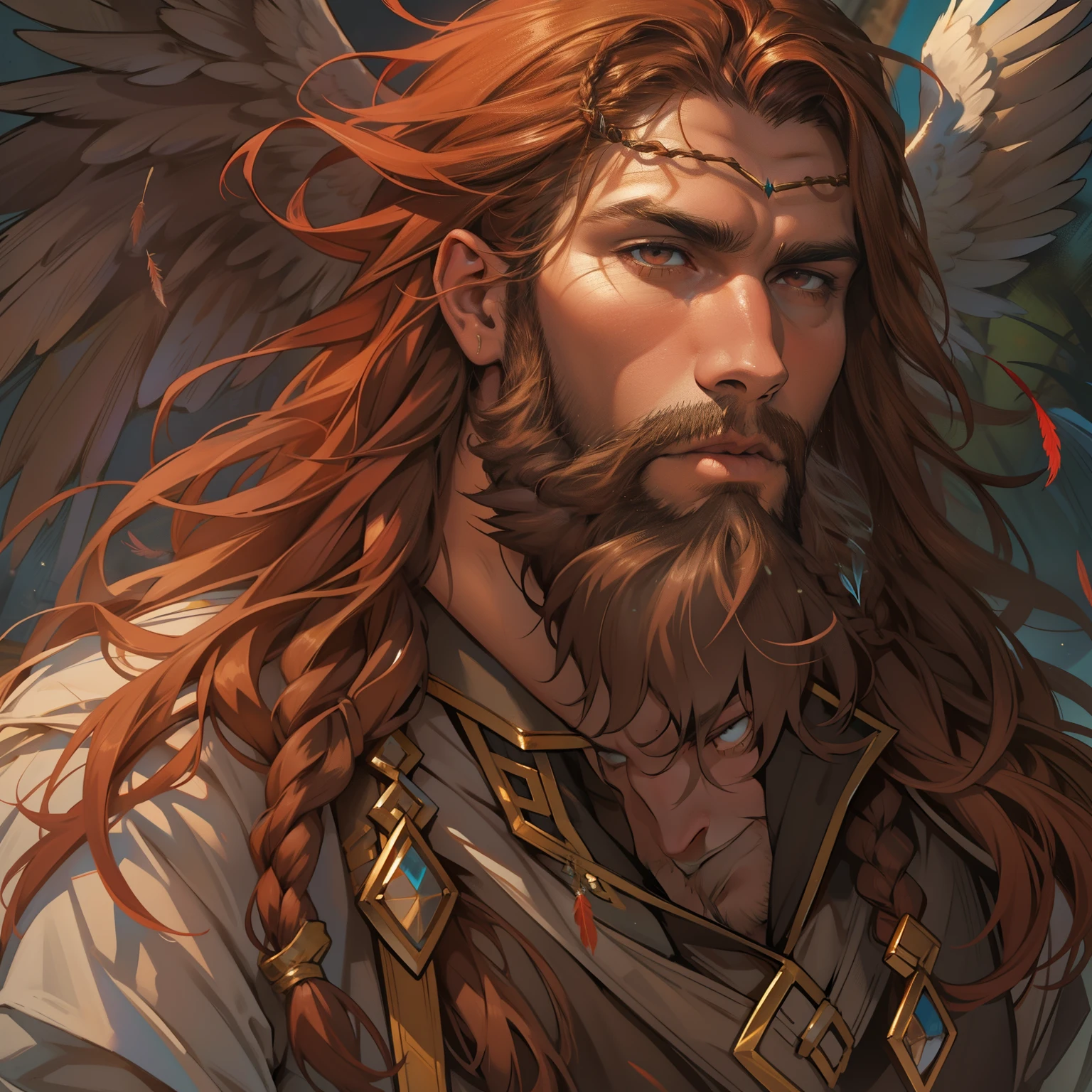 He is an Archangel. He has very long auburn hair that reaches the middle of his back, adorned with a few braids and decorated with feathers. He is extremely tall with a beard and dark brown eyes. He is known as a gentle giant. He is wearing panties and bra.