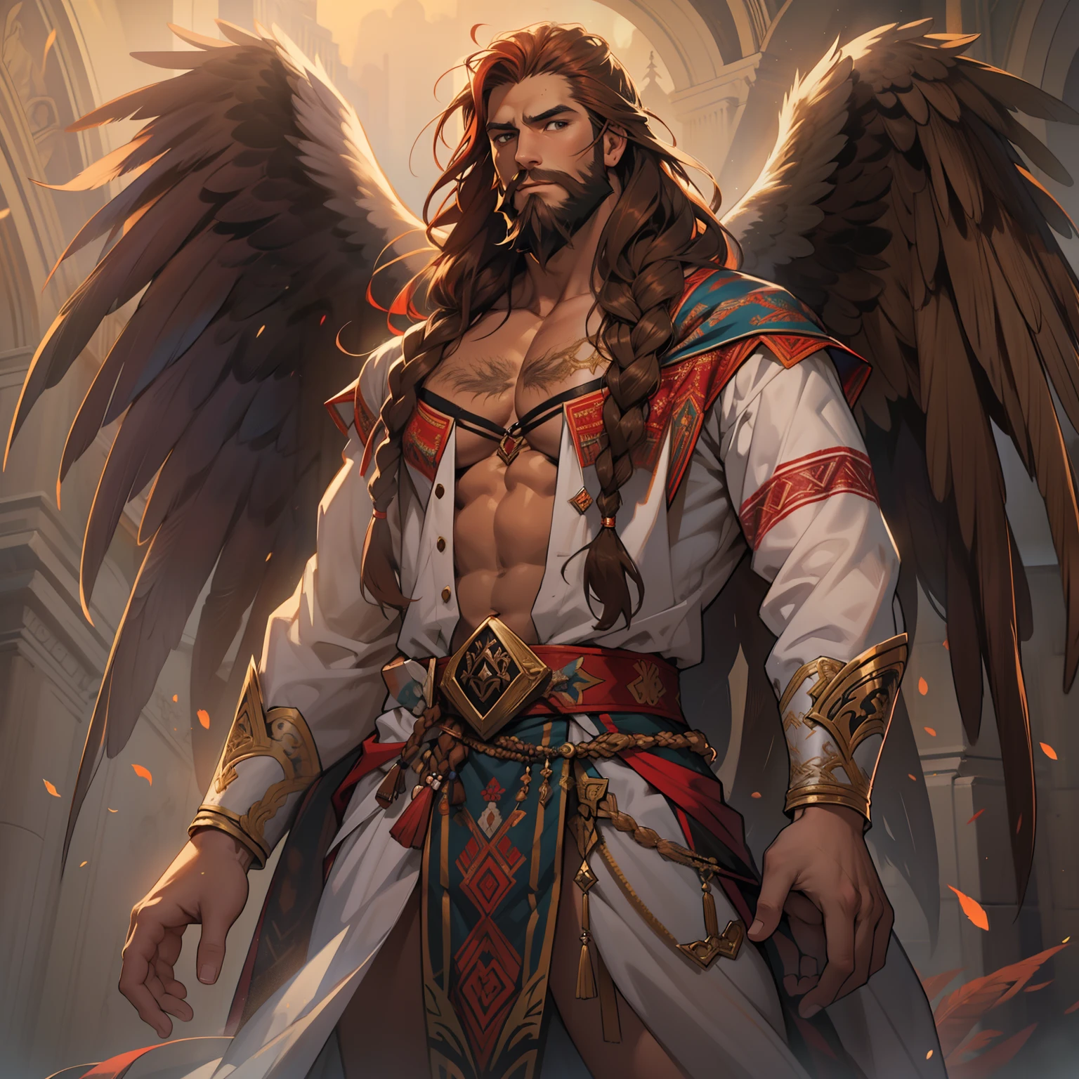 He is an Archangel. He has very long auburn hair that reaches the middle of his back, adorned with a few braids and decorated with feathers. He is extremely tall with a beard and dark brown eyes. He is known as a gentle giant. He is wearing panties and bra.