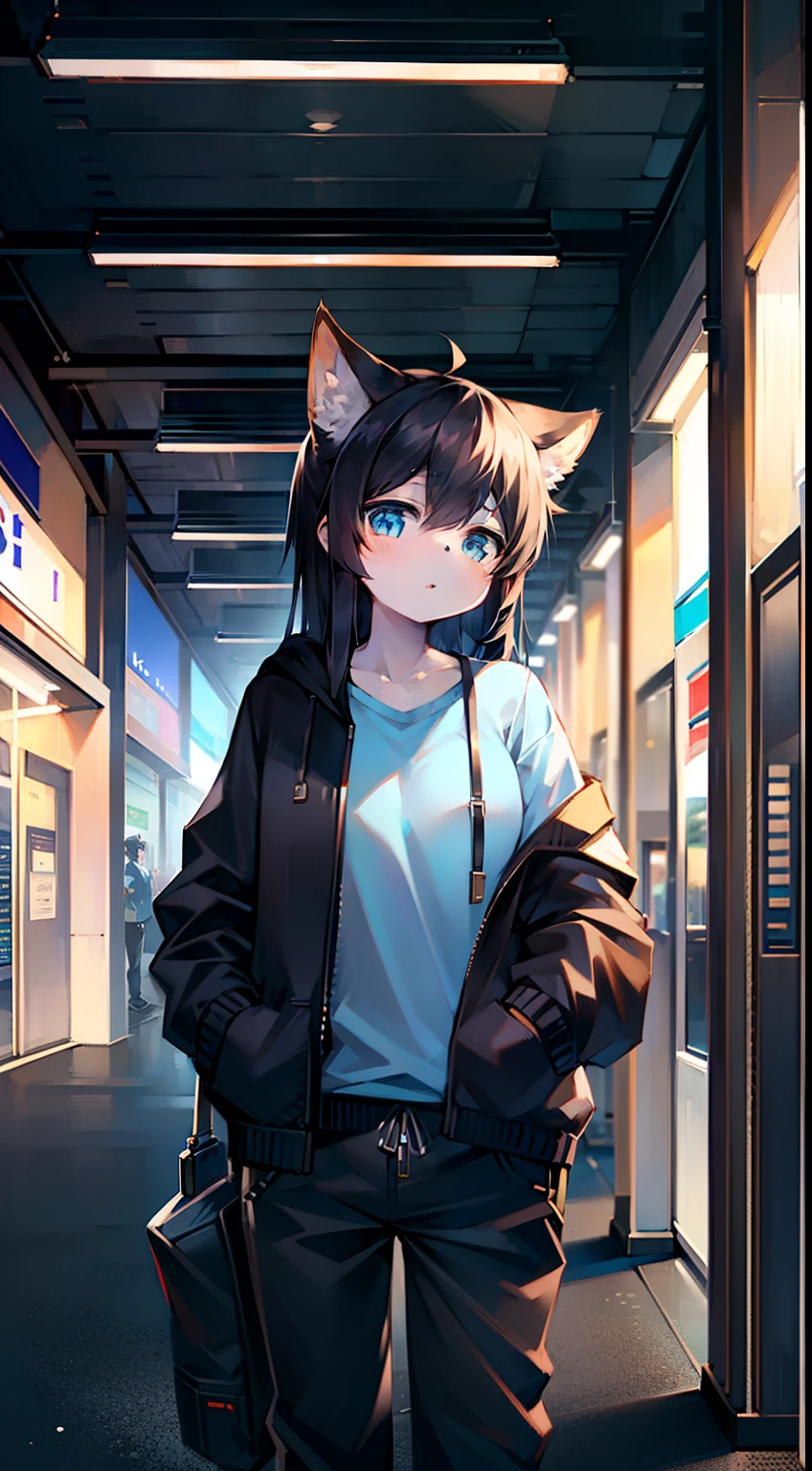 solo, kemono, female, black hair, blue eyes, wear light blue shirt, wear black shorts pants, look at camera, standing in front of mall, big mall background, noon time