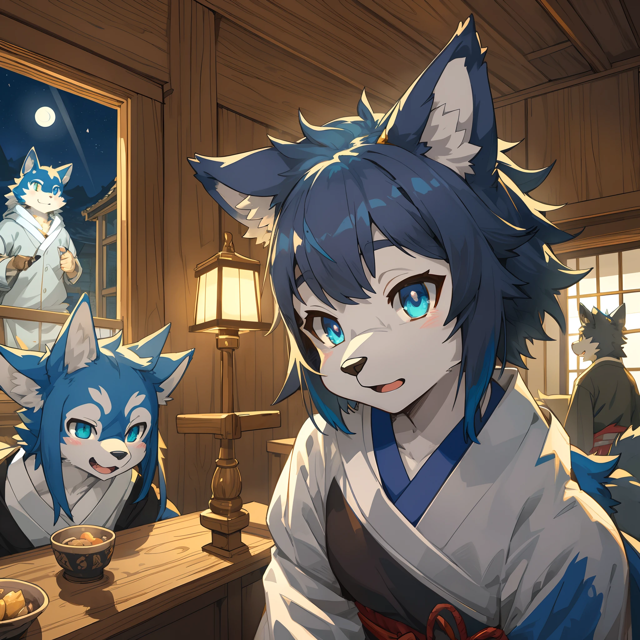top quality, best quality, High-quality illustrations, masterpiece, super high resolution, detailed background, night, japanese house, swaying curtains, moonlight from window, 6+boys, 6+girls, absurdres(highly detailed beautiful face and eyes)perfect anatomy, good lighting, cinematic shadow(kemono, furry anthro)assorted poses, assorted facial expression, dynamic angle,