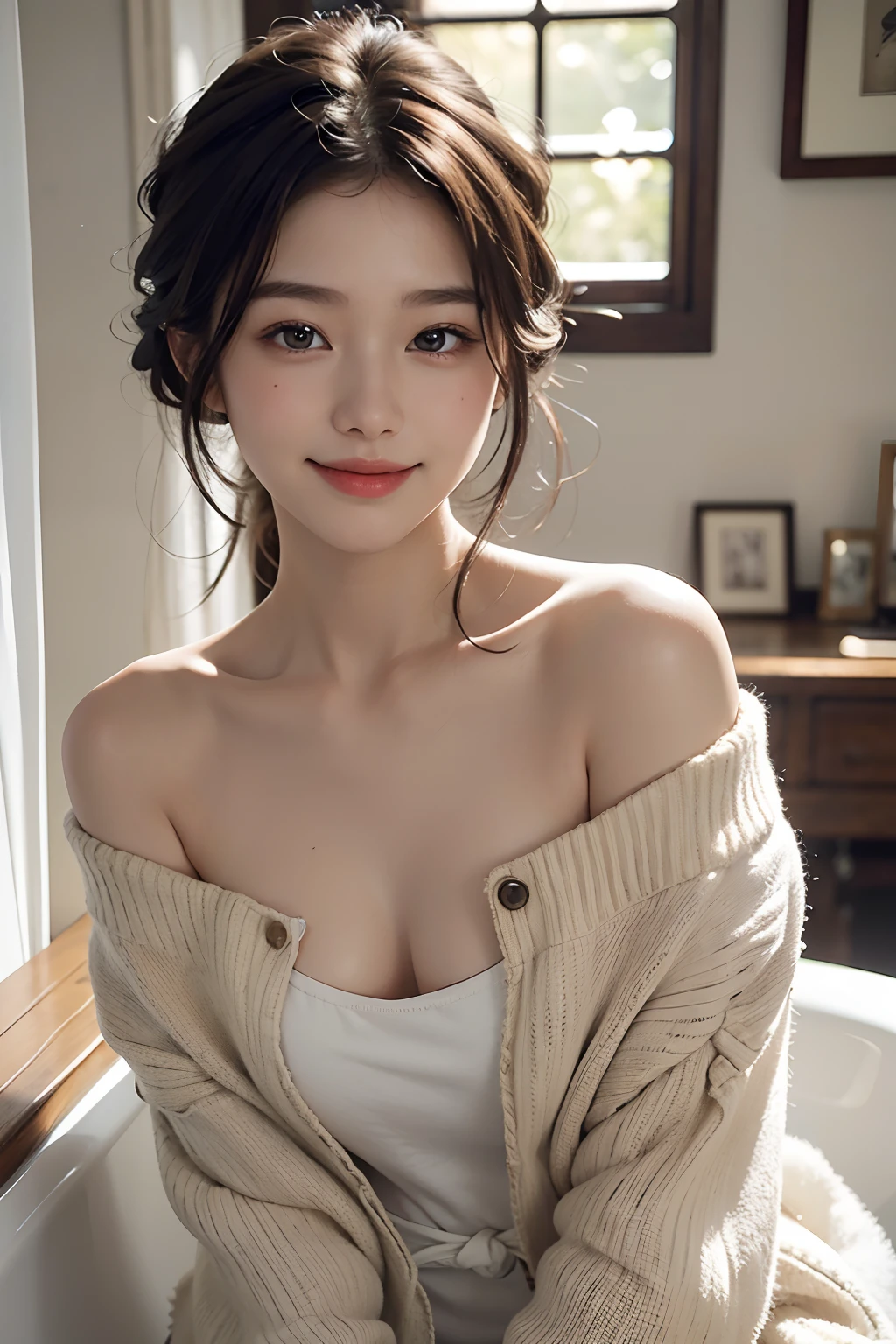 Realisticity、top-quality、​masterpiece、超A high resolution、Photorealsitic、1girll、off shoulders、a smile、oversized_sweater、Soft lighting、Detailed skin、brown haired、bath robe