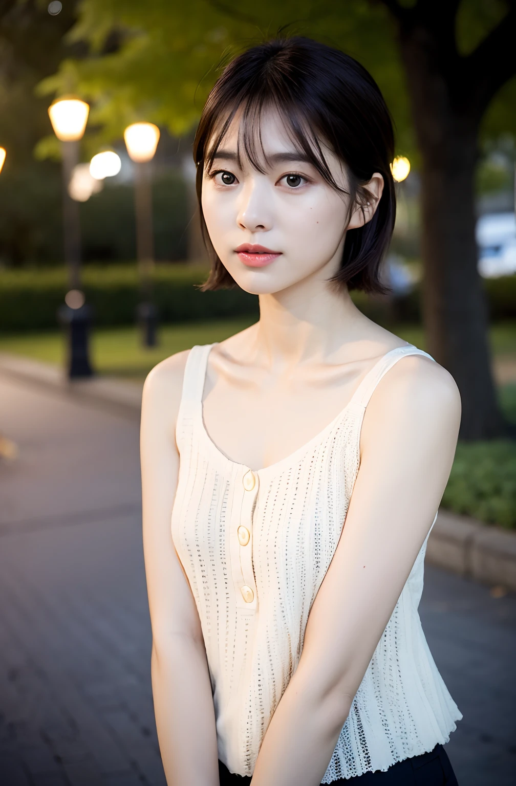 ((8K:1.27)、top-quality、​masterpiece、超A high resolution:1.2)Photo Beautiful Japan woman(pleasing:1.1) Elegance、There is a good、Gradient lighting、1girl in、Delicate skin、Look here、Brown-eyed、(short hair with bangs:1.2)、(Medium chest:1.0)、(medium areola:0.8)、(realisitic:1.4)、(top-quality:1.0)、(超A high resolution:1.0)、8K、Raw photography、(​masterpiece:0.2)、(pureerosface_v1:0.5)、Plain Rib Knit Cami Top、Clogged neck design、Round Neck、Sleeveless、Kamimei、excited expressions、Red cheeks、want me、Staring at this、Park at night、Leaning against a large tree、erect through、Brightness of streetlights、total darkness、subject、look down from above、Lean、、Watched、The collarbone is so tightly packed that the neck is not visible、You can't even see your chest.、