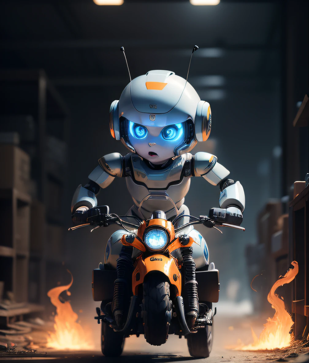 Blue and white face, Cute humanoid robot,blue android eyes，Treading on Hot Wheels，Behind it was a red flame，Forward rushing posture