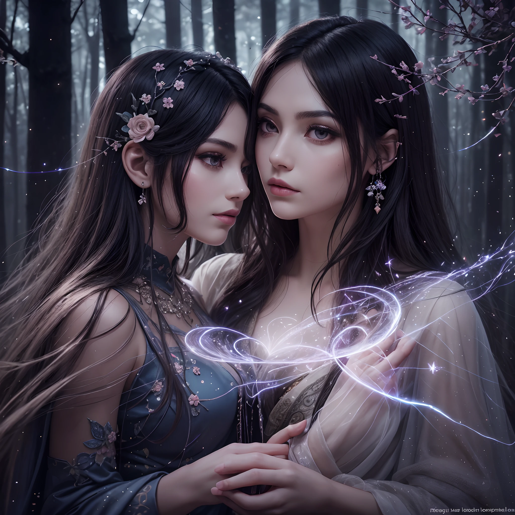 (Enigmatic sorcerer:1.1), (black hair:1.1), (mystical aura), (robe flowing:1.1), (flashing motion), (intricate embroidery), (forest backdrop:1.1), (magical atmosphere), (whispers of enchantment), (ancient trees), (dappled moonlight), (mysterious shadows), (faint glimmers), (ethereal glow), (captivating gaze), (spellbinding expression), (enchanted setting), (whispering secrets), (dark elegance), (forest's heart), (masterful artistry), (highly detailed:1.1).