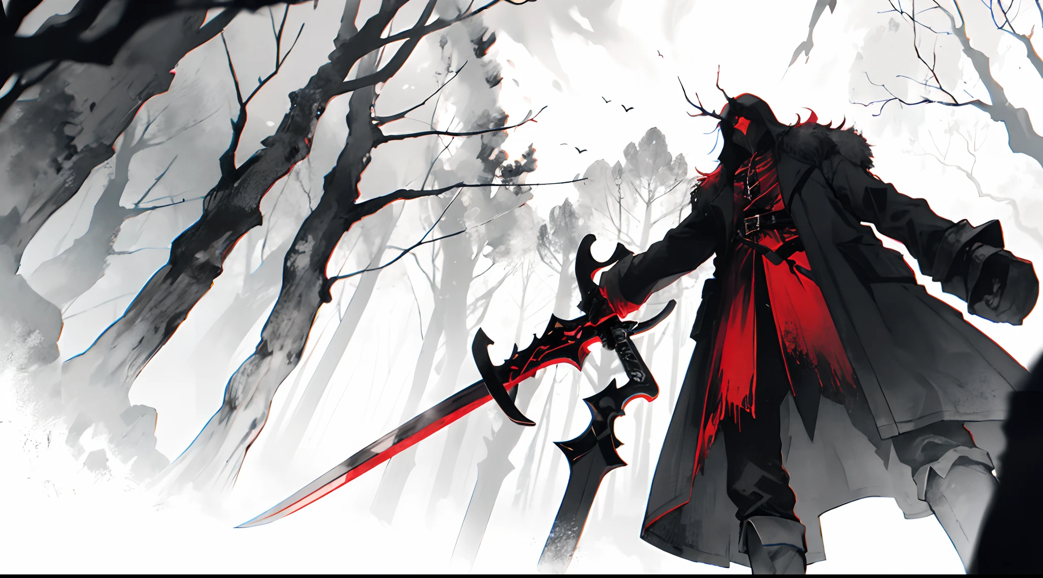 Within the dark forest, the atmosphere was tense, a terrifying shadowy figure was dragging a large sword ((monochromatic))