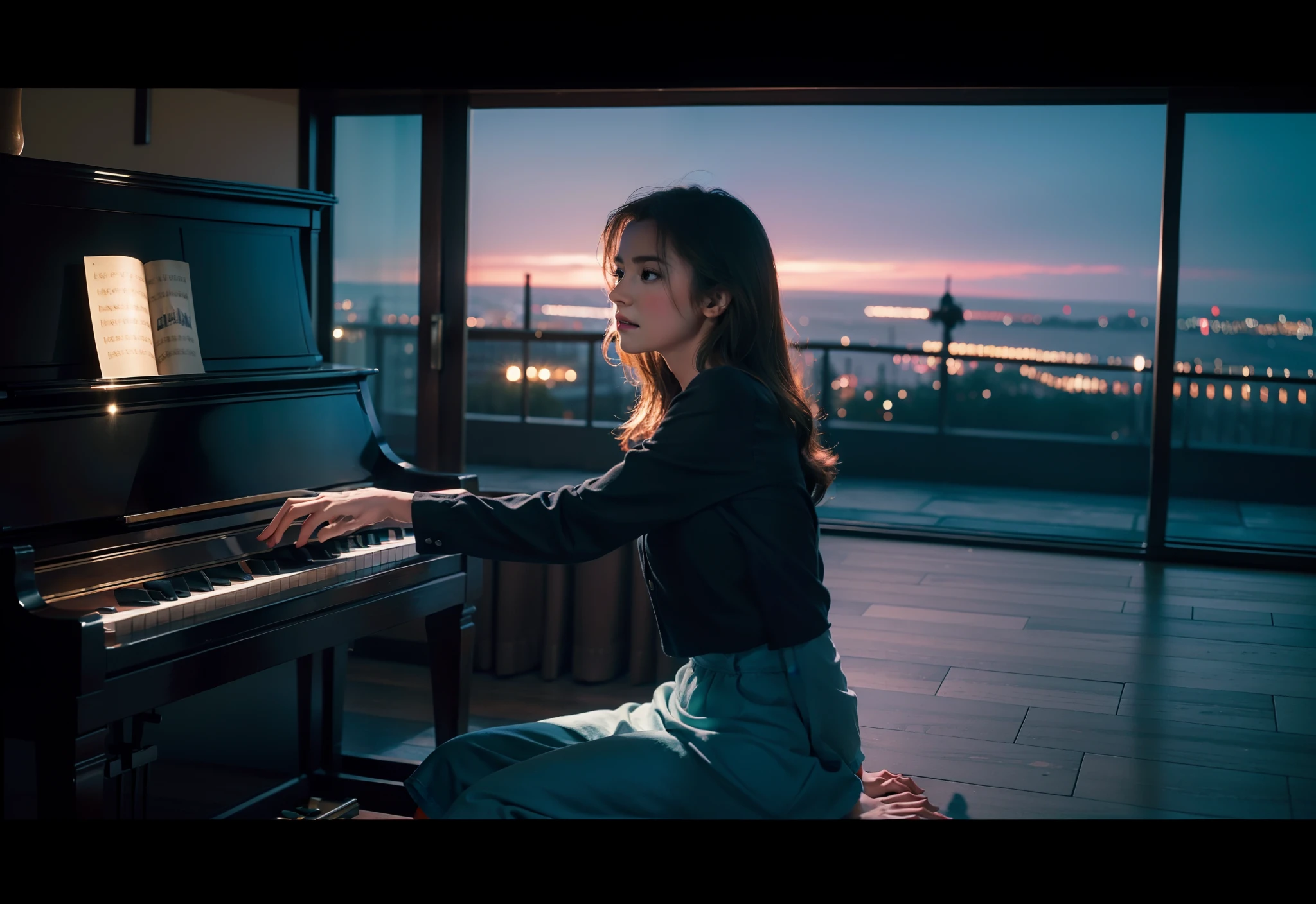 Manos en las teclas de un piano, Beautiful, Young British woman, visual, Beautiful, cinemactic, relaxing atmosphere, Beautiful color palette in photography, movie, Estilo La La Land, Photography that evokes emotions, cinematography, High resolution, Detalles perfectos, Tristeza, Colores opacos, SENTIMIENTO