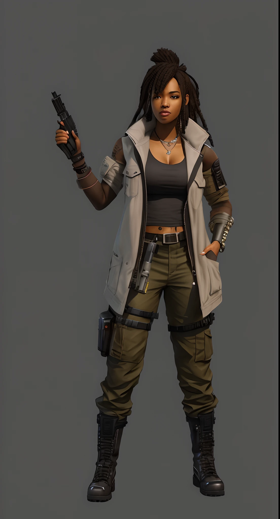Black women with guns in vests and pants, heroines, diesel punk female, african man,negroid,cargo pants,Workwear boots,Female character, cyberpunk judy alvarez, Full body female, character render, full body render, dystopian sci-fi character, full body concept, female human body whole body, cyberpunk character, sci fi female character,realistic character concept