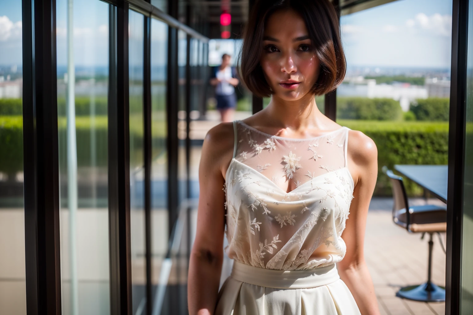 30-year-old woman with short hair and elegant brunette hair,Standing in a fully transparent glass sightseeing elevator，Look in the direction of the lens outside the window,The color of the neon light changes on the glass，The elevator next door is descending。 (high resolution), (Photorealistic:1.4), (extremly intricate), (exquisite and meticulous), Highly detailed, A high resolution, Original, Extremely detailed 8k wallpaper, Best quality, Detailed face, Ultra-detailed,