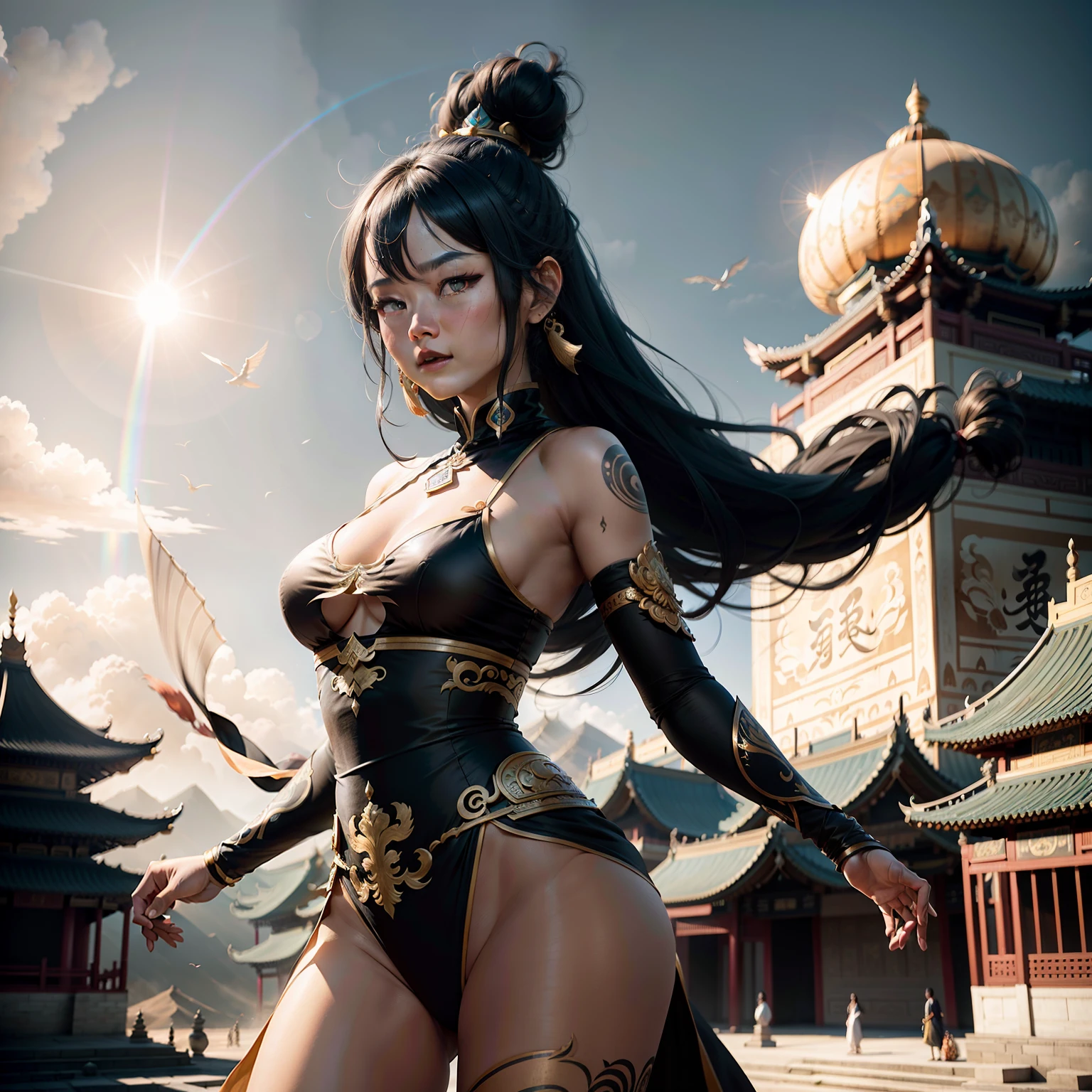 Black hair, With a bun, Dunhuang flying costume, 8K, Super detail,The background is a Chinese palace in the sky,messy_long_hair,best qualtiy,extremely detailed CG unity 8k wal,ink,astounding,cinmatic lighting,lens_flare,,dunhuang_style