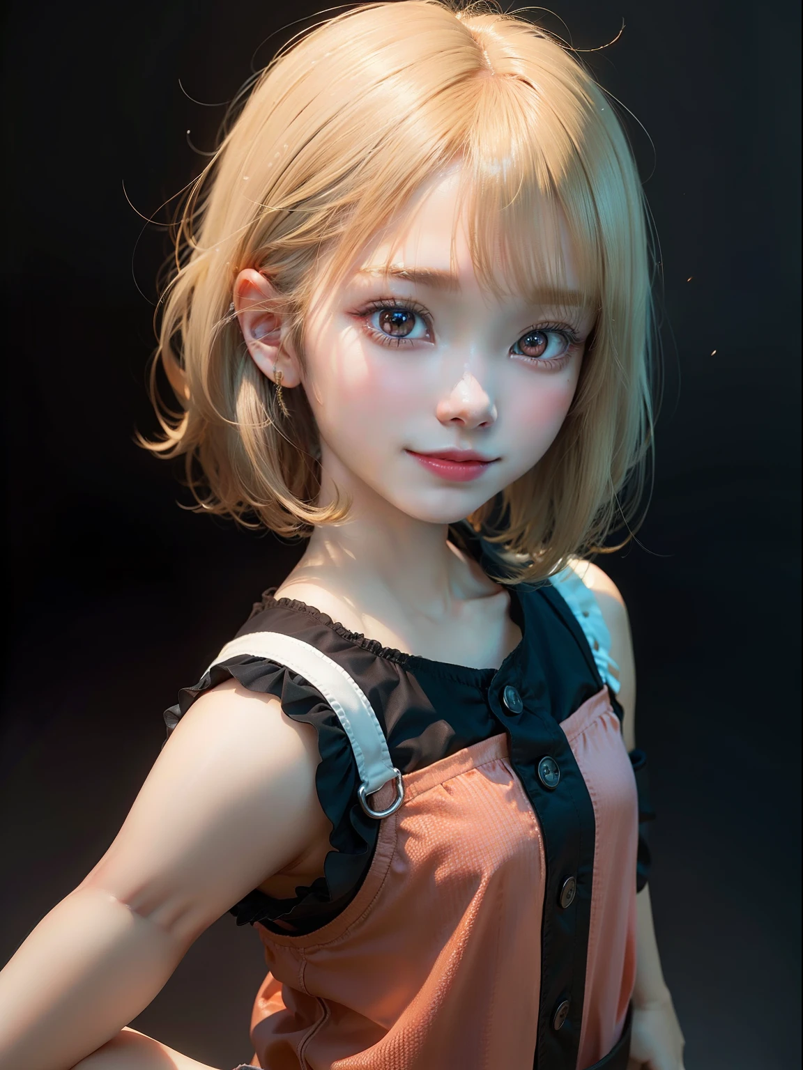 （reference sheet）, gradient backgrounds, simplebackground, 1 cute little girl, standing on your feet, short detailed hair, red eyes, ssmile, Best quality at best, The is very detailed, short hair, blonde hair, modern, Expressionism, cinematic lighting, stereogram, best quality, high details, best quality, super detail, masterpiece, super detail, super detail