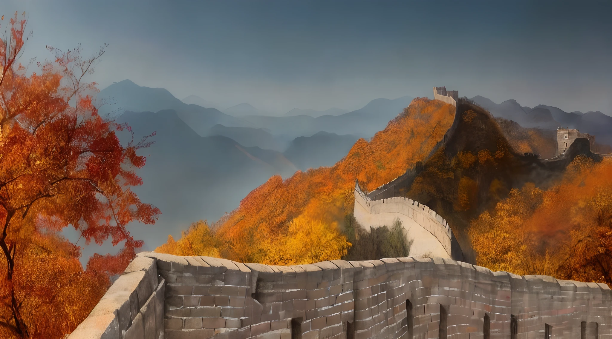 High quality wallpaper, autumn mountains, castle wall, Chinese art, artsation 4 k