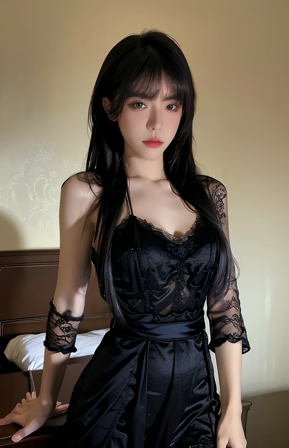 Best quality, masterpiece, ultra high res, (photorealistic:1.4), raw photo, 1girl, ((black lace nightgown)), ((small breast)), cold light