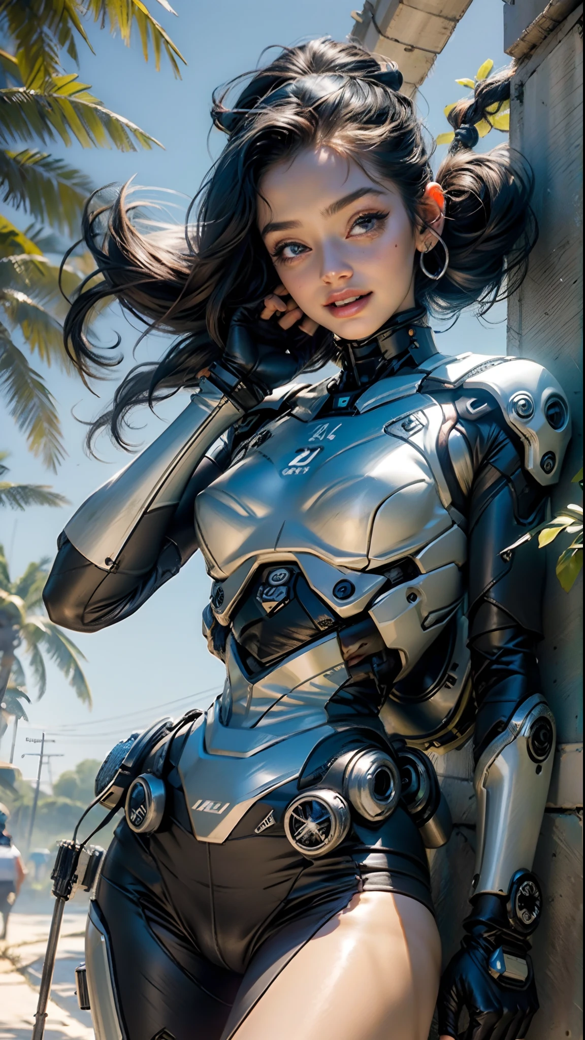 obra-prima, alta resolução, realista, elfa bonita com (cybernetic prostheses )na natureza,Cabelo pigtails, esguio, bonito, Shy Laughter, bare-legged, costas, sentado, pele brilhante, linha traseira lisa, linha do quadril, shade of trees, linha brilhante