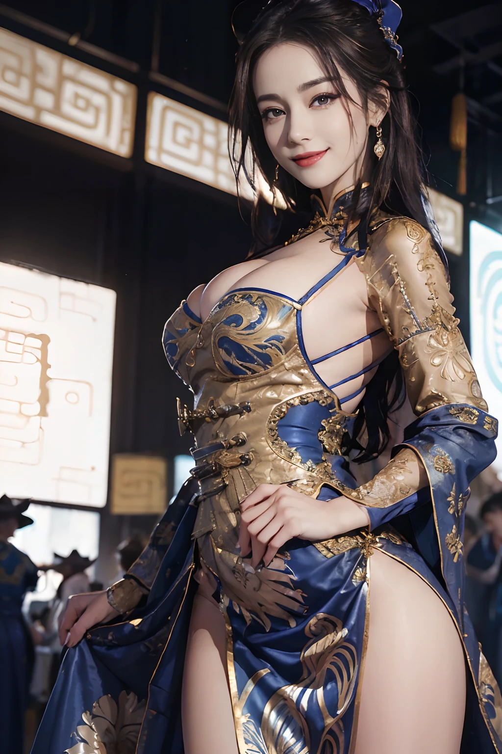 (8k, best quality, masterpiece:1.3), (highres:1.5), absurdres, ultra detailed, (1girl:1.3), (dynamic pose):1.0 BREAK, ((cowboy shot:1.3)), a extremely cute and beautiful girl, 1girl, full body, 32k, 16k, 8k, 4k, HDR, (RAW photo:1.3), (realistic:1.3), (photorealistic:1.3), ultra-detailed, sharp focus, BREAK, Times square garden at night, detailed background, BREAK, twin-buns hair, chestnut hair, (facing the viewer:1.25), (large-breasted:1.25), ((royal blue stain Chinese dress:1.5)), (cleavage cut-out gothic dress:1.25), (detailed dress:1.25), lace, brown eyes, Ultra-detailed face, Detailed eyes, Double eyelid, chestnut hair, cleavage, (Beautiful Breasts:1.3), (Abs, Slender Figure: 1.2), Sharp Focus, (((Intricate Details)), High Detail, frame the head, (sexy model pose, (look down back:1.35), (thrust out one's hip:1.35)), (seductive grin smile:1.35), perfect anatomy, perfect proportion, blush, seductive emotion, studio soft light, cinematic light, detailed background, realistic, ultra-realistic, frame the head,
