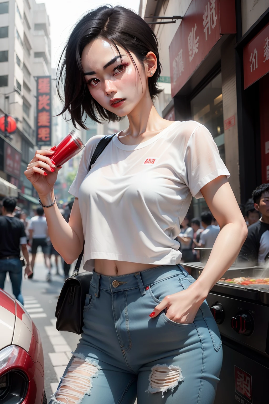 Faye Wong eats hot pot on the streets of Chengdu，Wear a white T-shirt over the top，Wear jeans on the bottom，Apply rose-red lipstick，Realisticstyle，Pubic area is clear