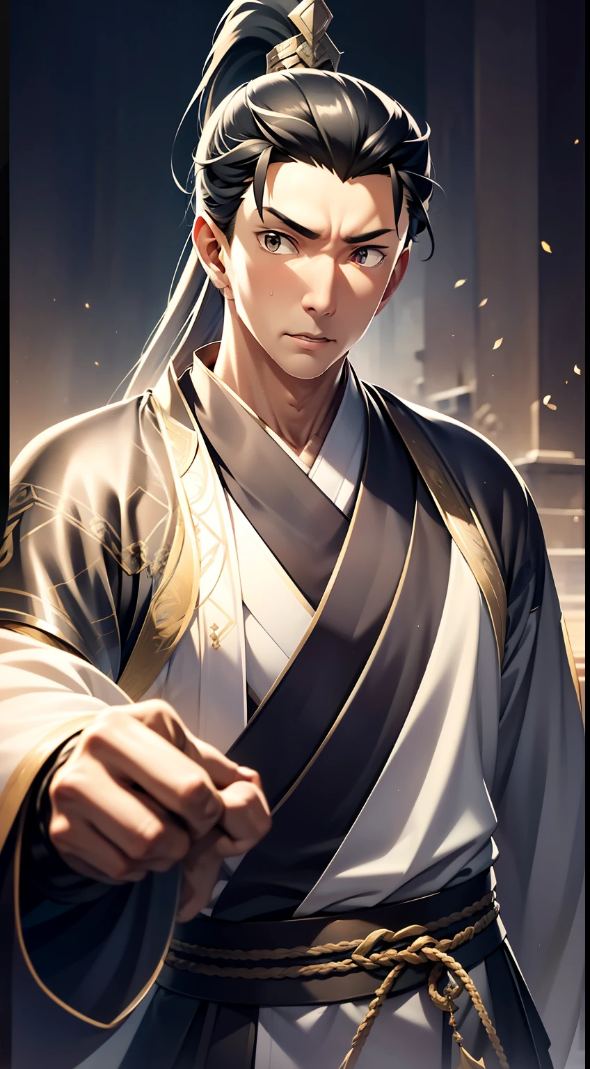 quadratic element,style of anime,mtu(Male Warrior),The proportions are correct,Face details,swordsmen,High ponytail hairstyle,Neck details,There is an Adam's apple,Black Hanfu,kaftan,clothes details,Handing over,longer sleeves,Game quality,Swordsmanship,Light and shadow tracking,Ray traching,detailed glow,cg render,hair detail,cabelos preto e longos,Black colored eyes,Handsome,Handsome,(juvenile sense),Clothing is complicated,Perfectcomposition,Refinement,high qulity,higher details,Lots of details,The background is complex,a sense of atmosphere,