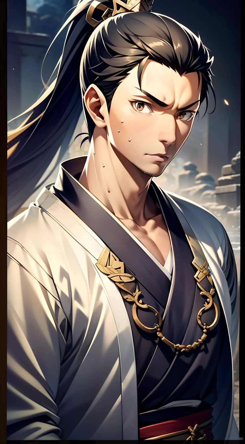 quadratic element,style of anime,mtu(Male Warrior),The proportions are correct,Face details,swordsmen,High ponytail hairstyle,Neck details,There is an Adam's apple,Black Hanfu,kaftan,clothes details,Handing over,longer sleeves,Game quality,Swordsmanship,Light and shadow tracking,Ray traching,detailed glow,cg render,hair detail,cabelos preto e longos,Black colored eyes,Handsome,Handsome,(juvenile sense),Clothing is complicated,Perfectcomposition,Refinement,high qulity,higher details,Lots of details,The background is complex,a sense of atmosphere,