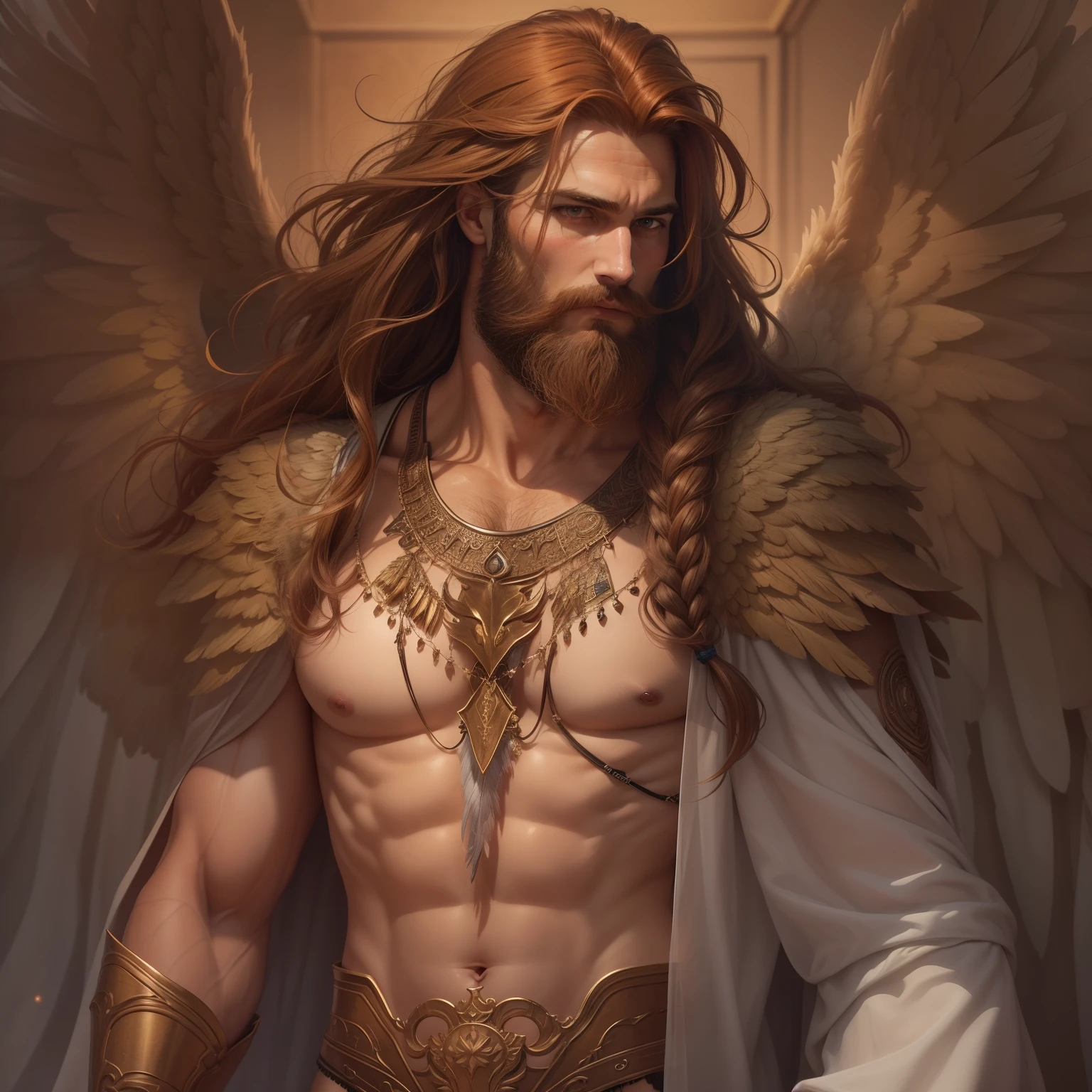 He is an Archangel. He has very long auburn hair that reaches the middle of his back, adorned with a few braids and decorated with feathers. He is extremely tall with a beard and dark brown eyes. He is known as a gentle giant. He is wearing panties and bra.