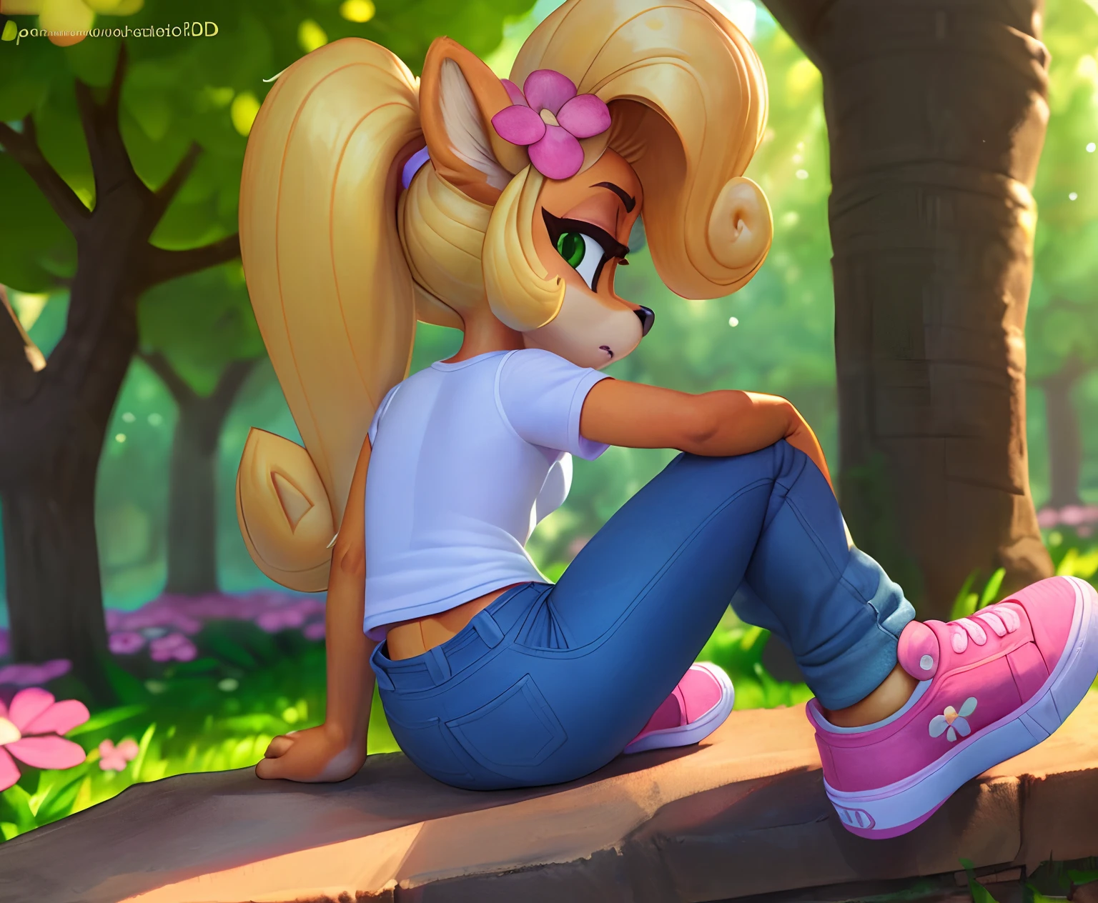 [Coco bandicoot], [Uploaded to e621.net; (Pixelsketcher), (wamudraws)], ((masterpiece)), ((solo portrait)), ((back view)), ((shoes visible)), ((1girl)), ((furry; anthro)), ((detailed fur)), ((detailed shading)), ((beautiful 3D art)), {anthro; (orange fur, black nose), cute green eyes, blonde hair, curly ponytail, curly bang, frown}, {(white shirt), (blue jeans), (pink flower in hair), (pink sneakers)}, {(sitting on chair), (legs spread open), (looking back)}, [background; flower plains; (trees, sun rays through trees)]
