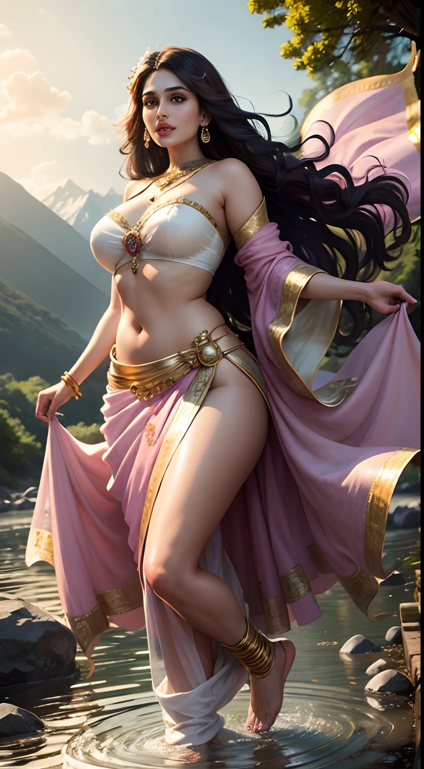 Huma Qureshi as a fairy, floating in mid air, beside a river, large breasts, wide hips, flowers in hand, dark brown long hair, beautiful, one hand raised, wearing a white silk strapless bra and a transparent full sarees, wearing heavy gold ornaments, big smile, full body, mountains in background, full light on face, photorealistic, High resolution