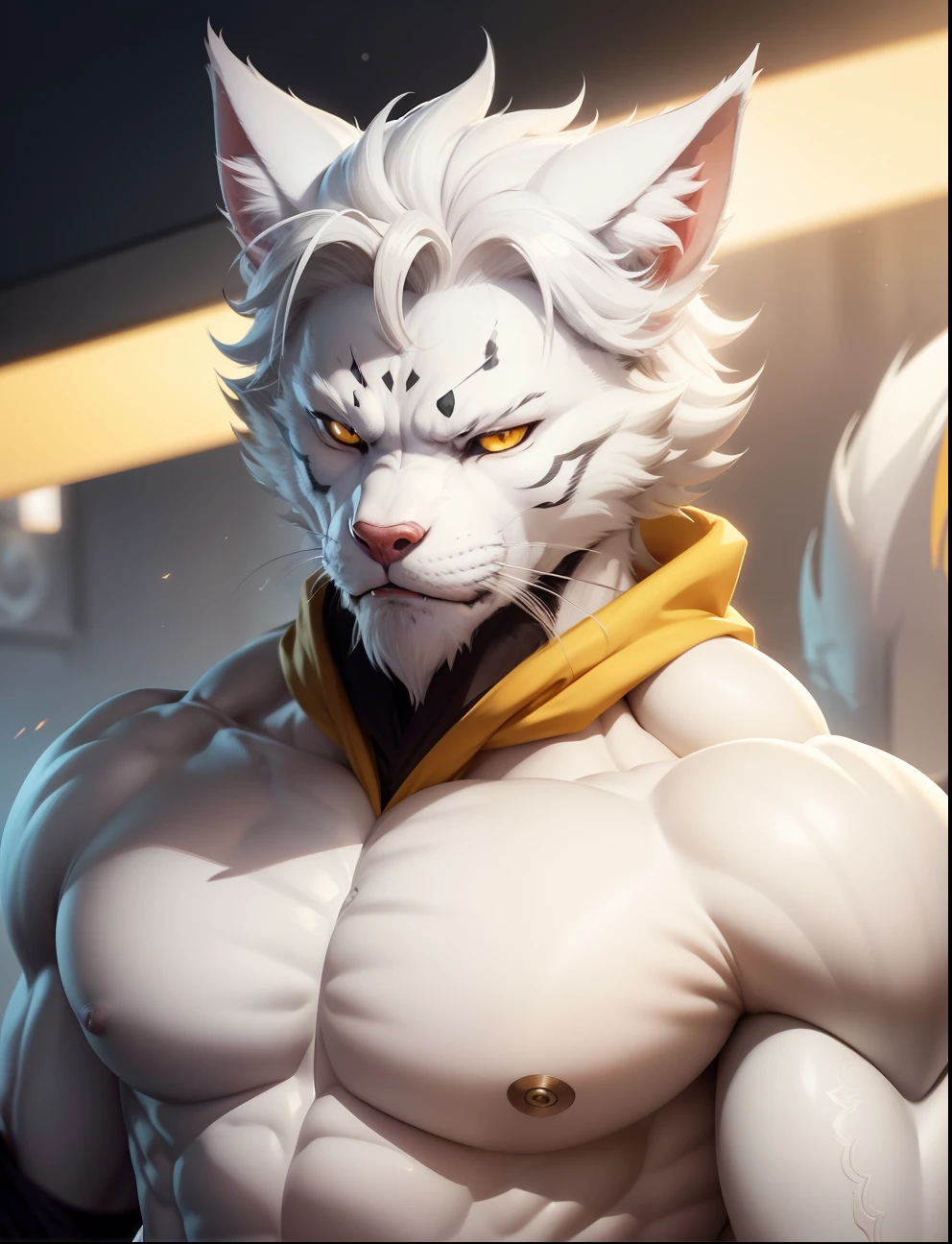 anthro portrait, Human wolf white face, Anthropomorphic white cat，Anime characters with yellow eyes and white cats with yellow eyes, Two-dimensional anime orc white cat, in the anime film, anime visual of a cute cat, anime movie screenshot,, animated still，Handsome male cat，ssmile，Red Eyeshadow，muscular plump，Upper body nudity