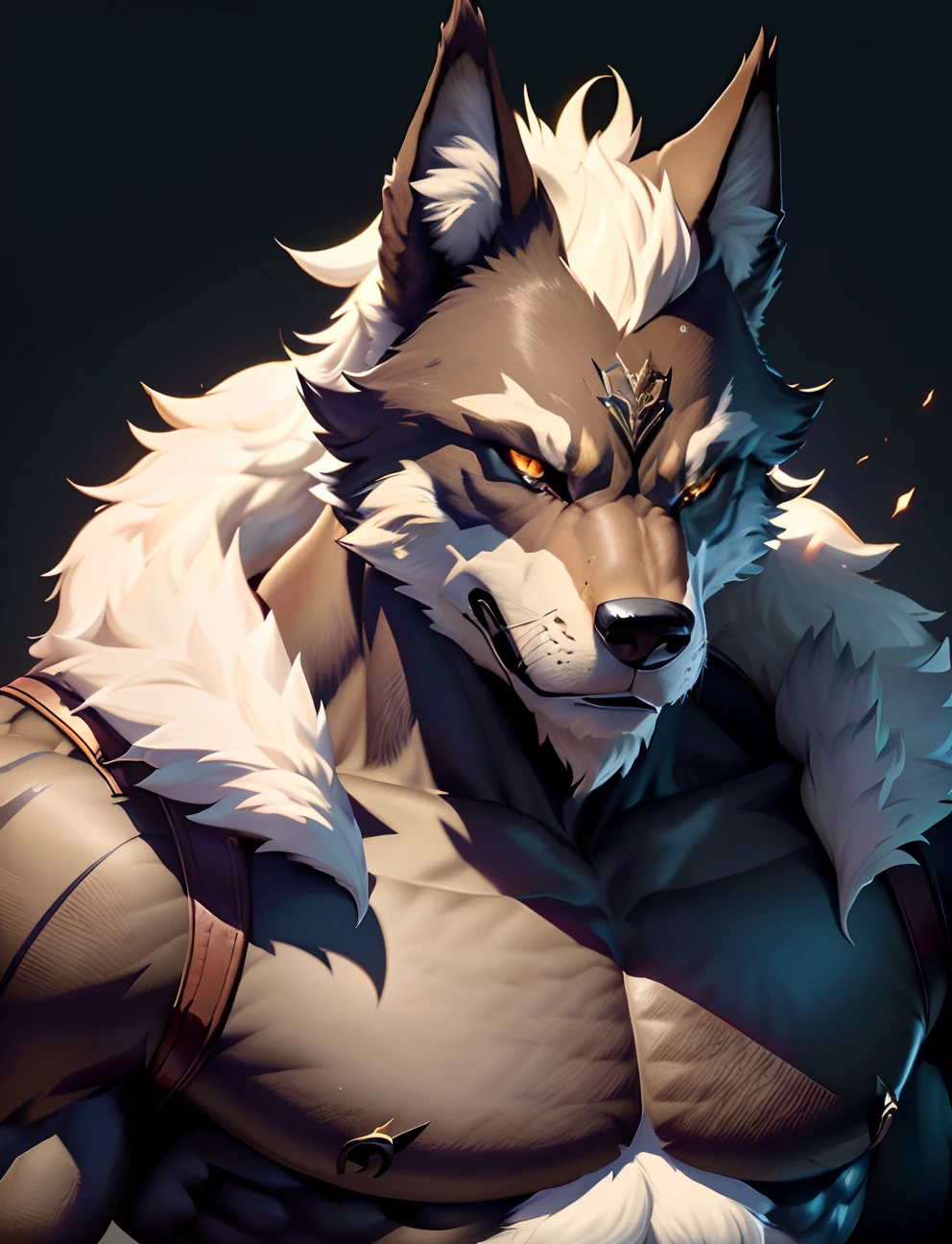 A close-up of a furry animal，The chest is large, furry character portrait, muscular werewolf, anthropomorphic wolf male, anthro wolf face, Badass anime 8 K, furry wolf, an anthro wolf, anthropomorphic wolf, 8K high quality detailed art, Furry character, eye-catching detailed art style, anthro portrait, anthro art，muscular plump，nakeness
