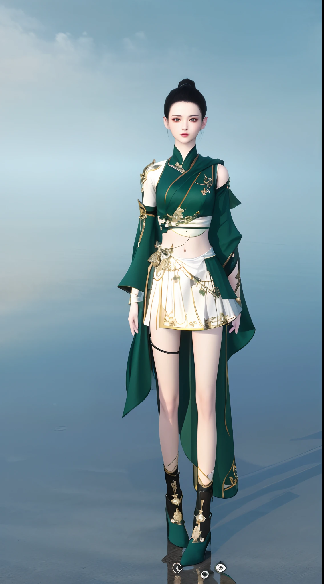 1 woman(Clear face)、Full body standing painting,独奏,Green skirt,Transparent background,Game character costume design,Butterfly particle effect,high detal,cinematic colorgrade,Ultra photo realsisim,Digital SLR,white backgrounid,Ultra-high resolution,Sharp focus,tmasterpiece,hdr,8K,(The is very detailed的 CG unified 8k 壁纸)