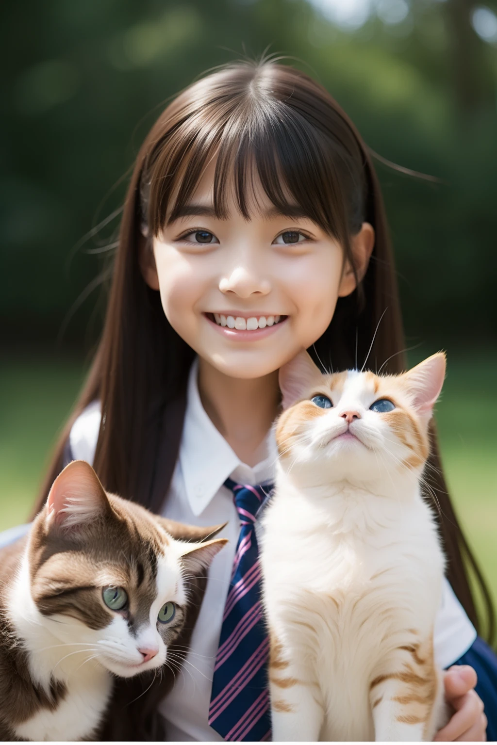 Smiling surrounded by cats、hi-school girl、校服
