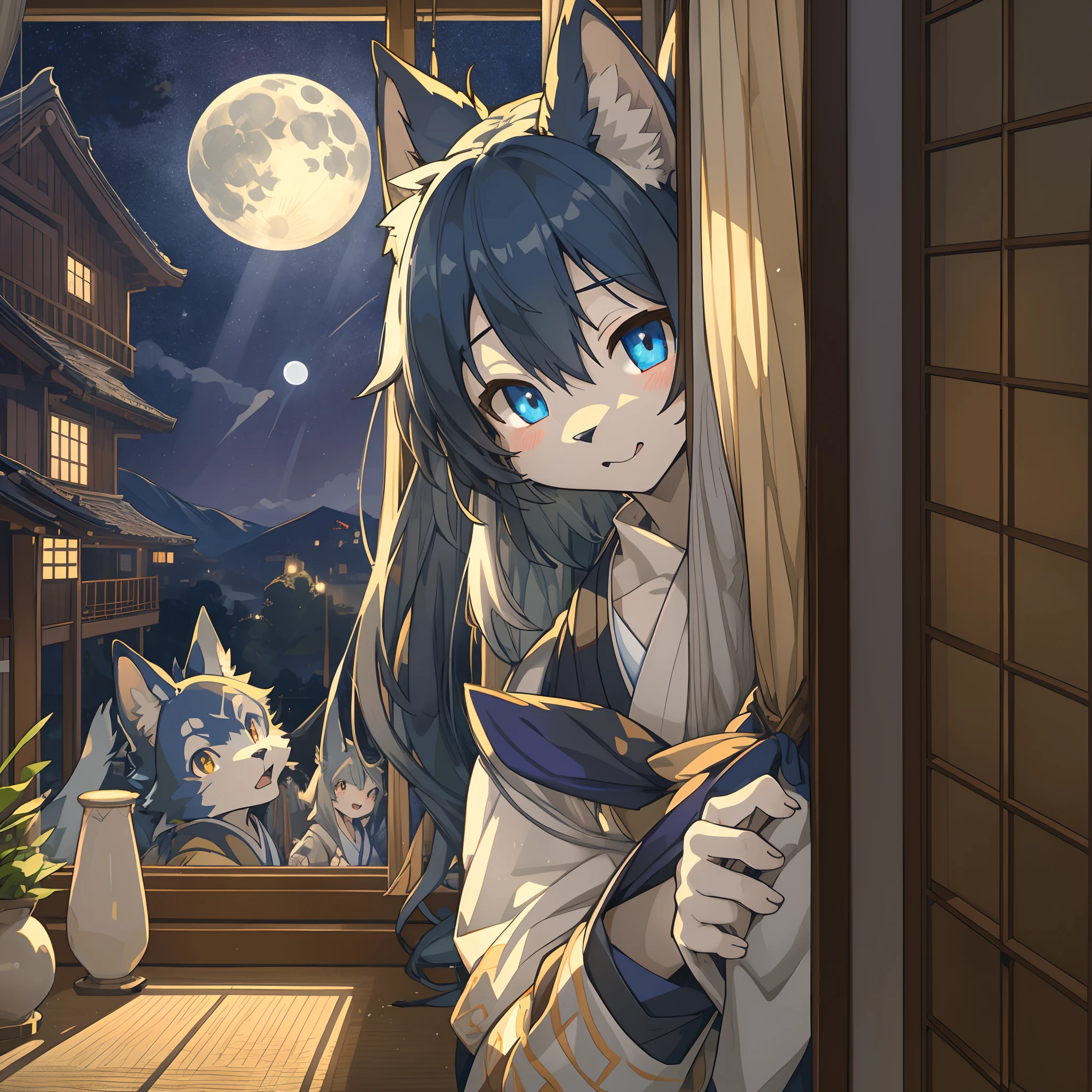 top quality, best quality, High-quality illustrations, masterpiece, super high resolution, detailed background, night, japanese house, swaying curtains, moonlight from window, 6+boys, 6+girls, absurdres(highly detailed beautiful face and eyes)perfect anatomy, good lighting, cinematic shadow(kemono, furry anthro)assorted poses, assorted expression, dynamic angle,