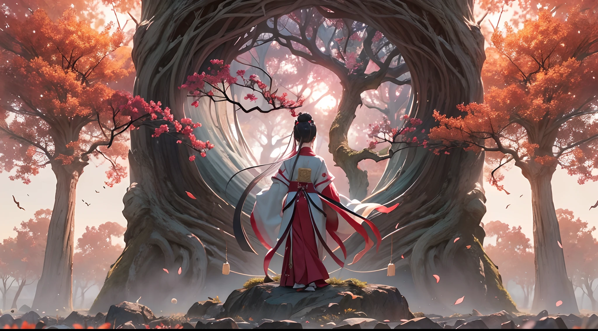 official art, unity 8k wallpaper, ultra detailed, beautiful and aesthetic, beautiful, masterpiece, mystery , emotional depth , atmospheric , supernatural , best quality, huge ancient fantasy tree , glowing tree , very little light balls around of tree , a assassin woman with long white hanfu and robe is standing in front of tree , woman is very little than tree , woman has a sword in hand and magic controlling , tree is emitting light ball , one side is darkness and other side is brightness , a little reddish sunset light , woman staring at tree , (view from back) , tree has very big roots , flower field , aesthetic , few big stone and little rock , (ultra detailed tree) , (ultra detailed art) , , (ultra detailed hanfu) , (ultra detailed field) , (ultra detailed sunset light)