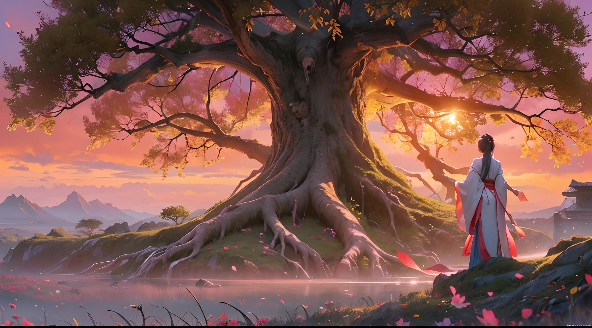 official art, unity 8k wallpaper, ultra detailed, beautiful and aesthetic, beautiful, masterpiece, mystery , emotional depth , atmospheric , supernatural , best quality, huge ancient fantasy tree , glowing tree , very little light balls around of tree , a assassin woman with long white hanfu and robe is standing in front of tree , woman is very little than tree , woman has a sword in hand and magic controlling , tree is emitting light ball ,  one side is darkness and other side is brightness , a little reddish sunset light , woman staring at tree , (view from back) , tree has very big roots , flower field , aesthetic , few big stone and little rock , (ultra detailed tree) , (ultra detailed art) , , (ultra detailed hanfu) , (ultra detailed field) , (ultra detailed sunset light)
