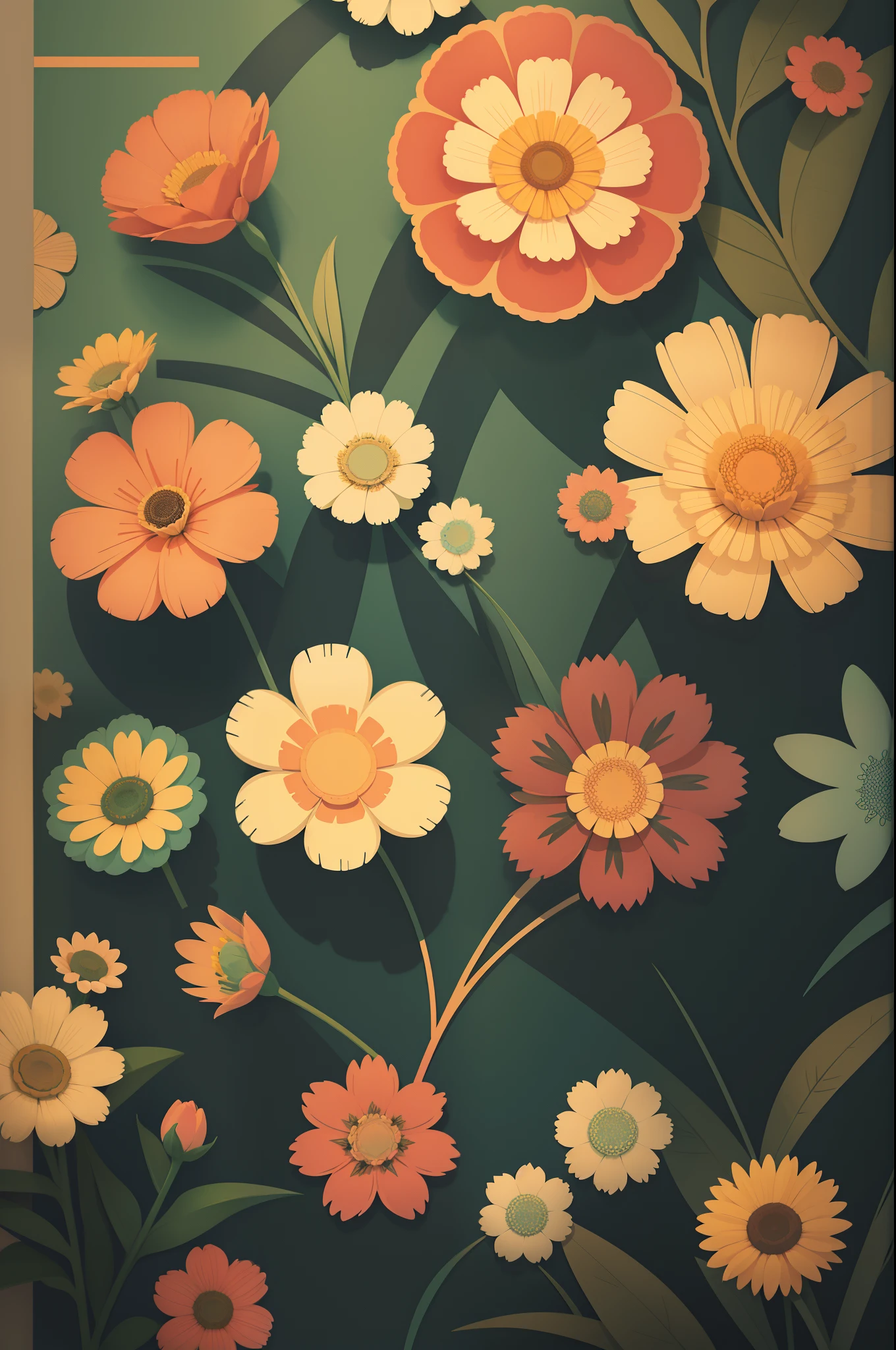 Aesthetic Flowers :: retro design pattern :: multi-color :: simple --ar 2:3 --quality 2  --s 750