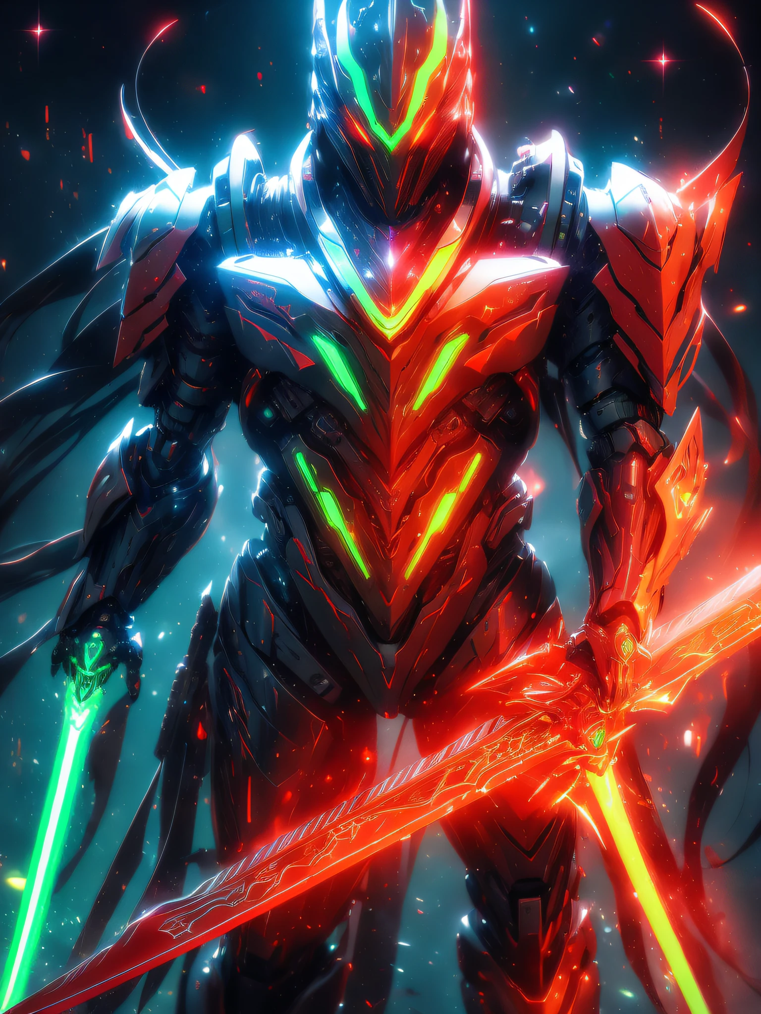 masterpiece, best quality, realistic,shiny,reflective,bioluminic, galactic cybernetic mask,galactic red-green mecha,(assassin:1.2), Robotic Knight, killing warrior pose, headdress,holding glowing red long sword,Galaxy,GlowingRunes_red,fullbody,cinemnatic,dark background,backlight,high contrast,