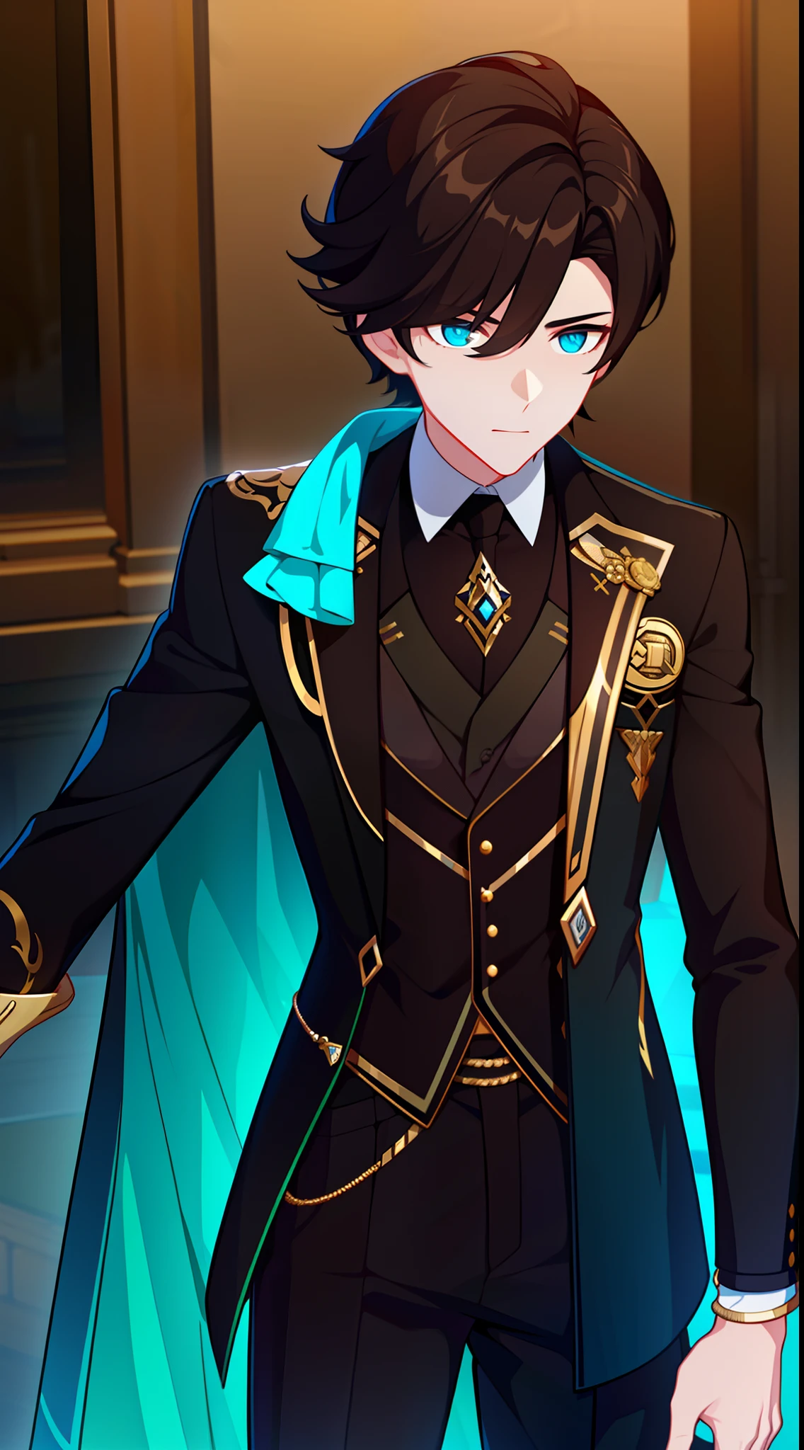 Young guy, short brown hair, Cyan eyes, Black suit with gold elements, Masterpiece, hiquality