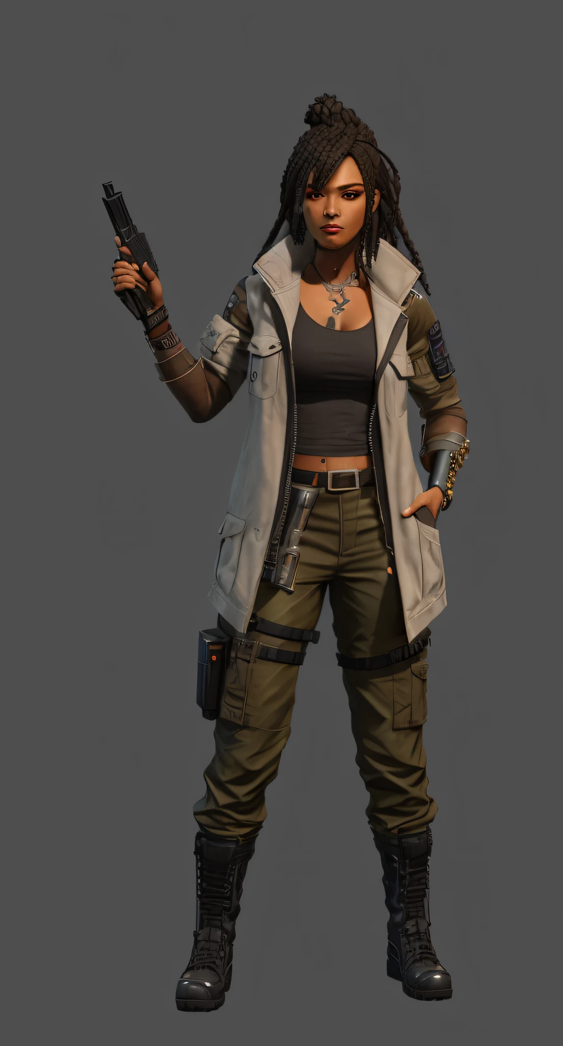 A man with a gun,Close-up of wearing a jacket, Tattooed with,arm tattoos,heroines, Female character, 8k character concept art, 8 k character concept art, loba andrade from apex legends, apex legends character, sci fi female character, realistic character concept, character render, diesel punk female, 3 D rendering character art 8 K, cyberpunk character