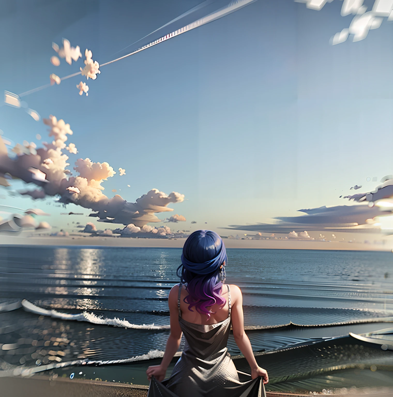 comic strip,digital camera,looking at the ocean,Dress modestly,beautiful girl on the horizon,the ocean in the background,girl looking at the ocean waves,gazing at the water,Overlooking the sea。