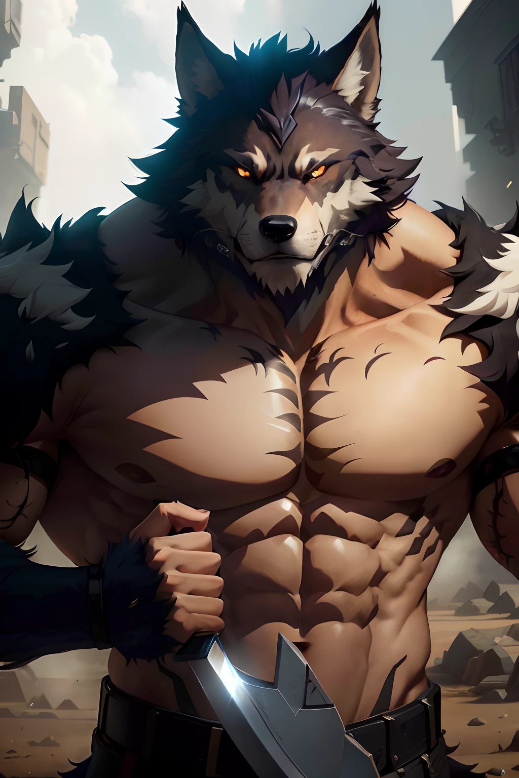 There was a man with a knife,Hairy on the chest, muscular werewolf, Badass anime 8 K, fluffy chest, hairy chest, furry wolf, 4K anime wallpaper, 4k manga wallpapers, angry high moral sexy werewolf, good boy giant mecha wolf hound, a minotaur wolf, anthropomorphic wolf male, Super buff and cool,The body of a wolf,Eyes resolute,Blue pupil