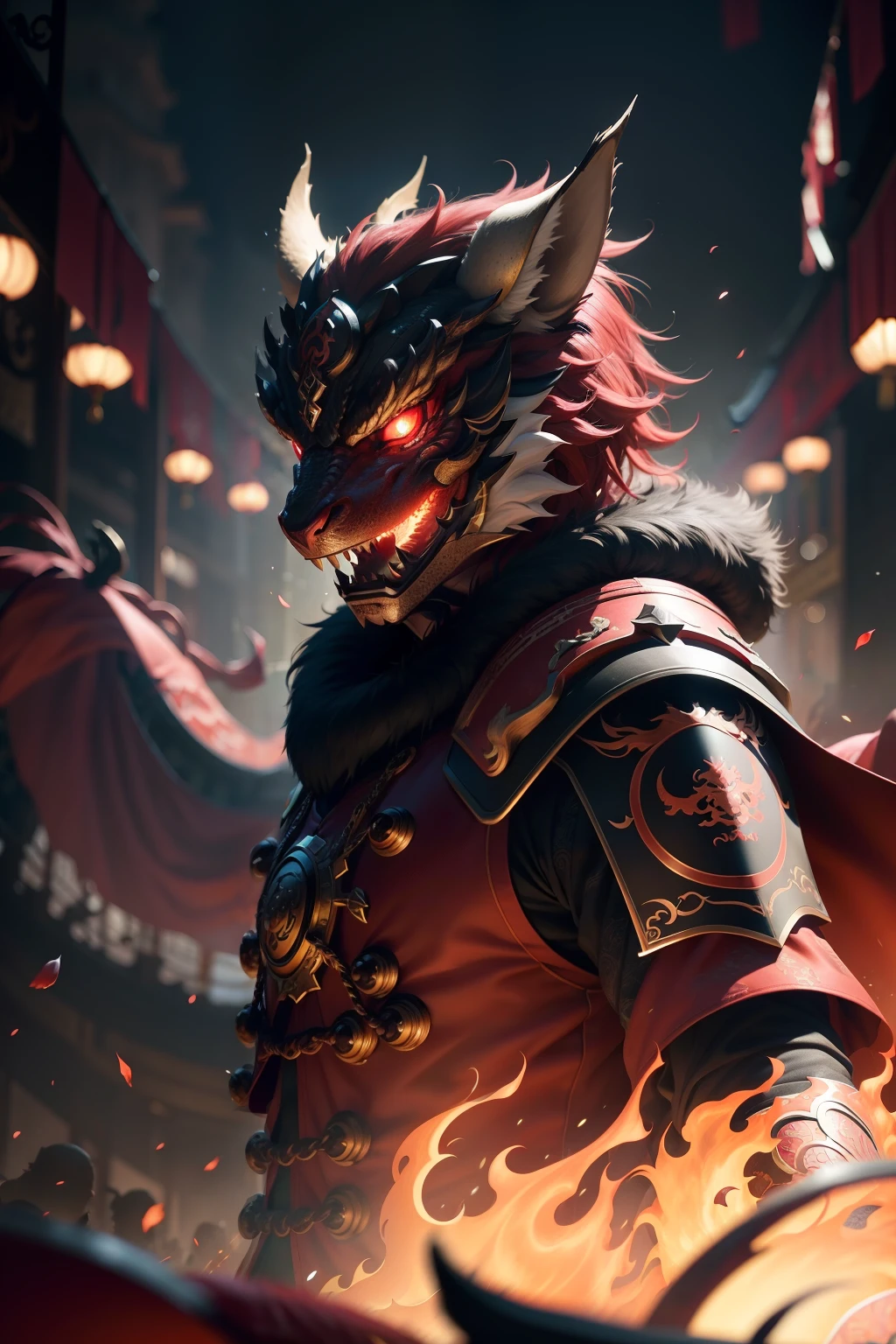 Chinese dragon dance，Chinese elements，detailedbackground，Digital media（artwork of a），Cinematic, voluminetric lighting, Highly detailed, 8K，独奏, red eyes, male people, focal，banya, cloaks, armour, with light glowing, glowing light eyes ，Volume dtx，（filmgrain、blur backgroun、blur foreground、bokeh、depth of fields、motionblur、真实感：1.3） , ((tmasterpiece, best qualityer)), Art author：greg rutkowski