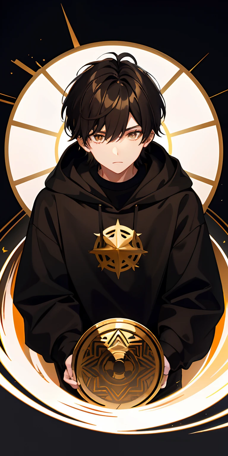 1boys，Dark brown gradient anime short hair，Black-gold gradient eyes，Black-brown sweatshirt，White hood，Huge sun wheel，A focused expression，A desert，tmasterpiece