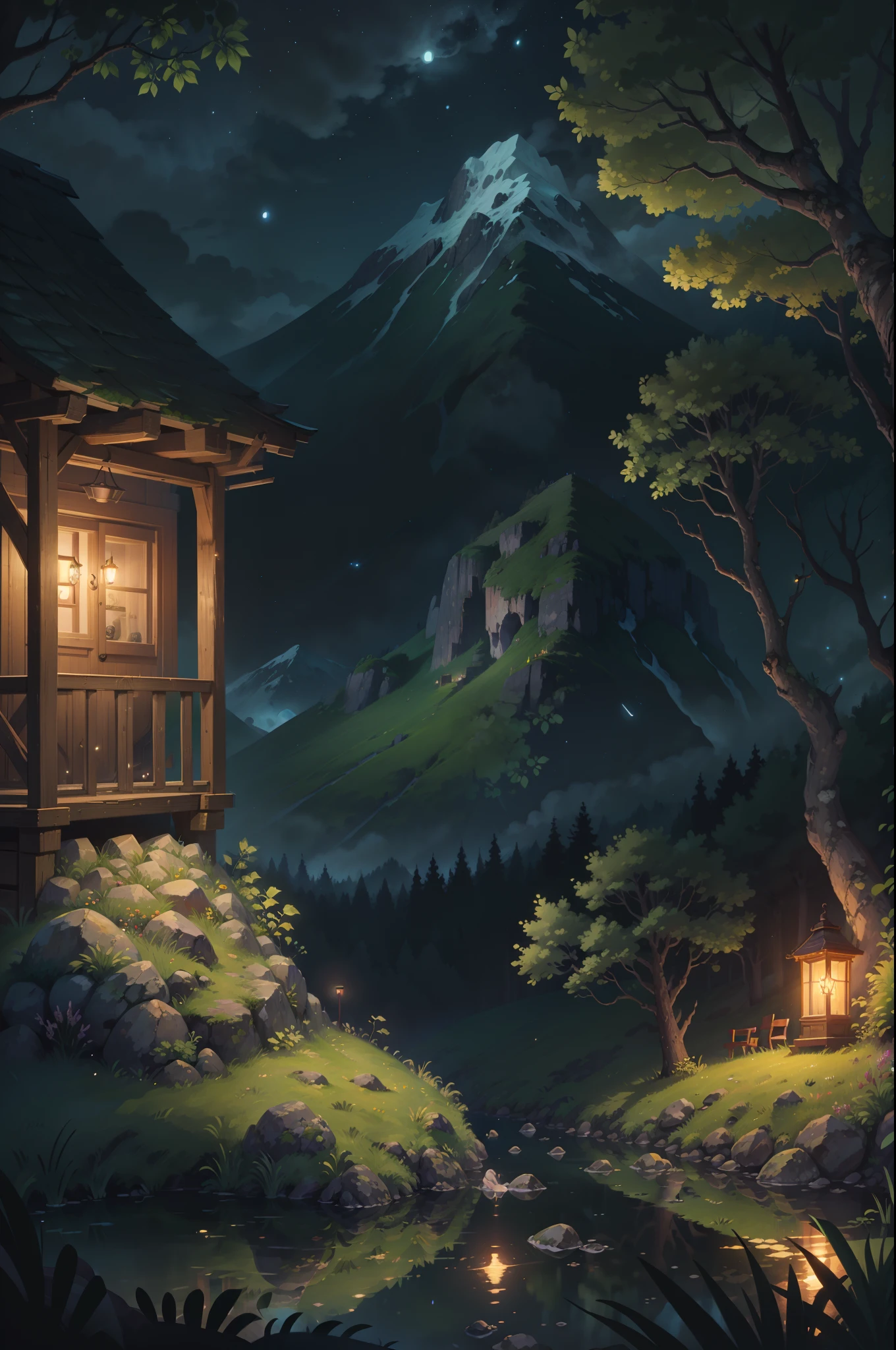 Mountains,Light,Light exposure,HighestQuali,rich details,Quiet atmosphere,without humans,steins,waterfallr,the trees,Large expanses of green,Moonlight casts between the woods,Quiet,Transparent colors,Illustration style,4K,8K,Wallpapers,tmasterpiece,realistic illumination,Epic composition,Fresh colors,rivulets,the night,fireflies flying,The light and shadow are correct,without humans,exteriors,nighttime scene,themoon,rays of moonlight