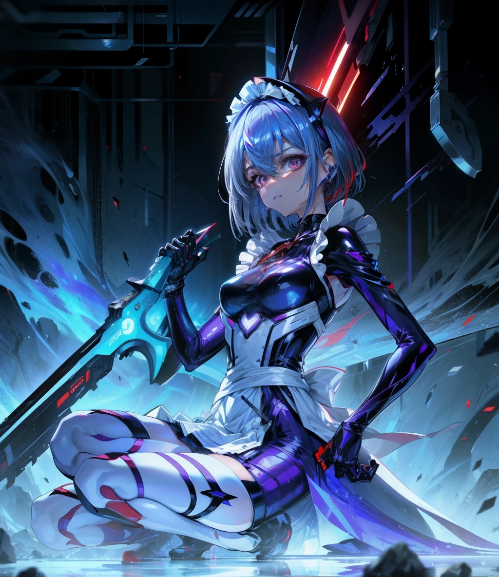 Beautiful girl in futuristic cyber bodysuit style maid outfit。Image color is blue-violet。highleg。Eyes glow red。Red mechanical headband。falda corta。Blades lined like a chainsaw at the hem of the skirt。Falx in both hands。Blue-violet and silver hair。short-hair。A red fin-shaped ribbon is worn at the waist。Red crystals on the forehead。Metal accessories with aggressive design。