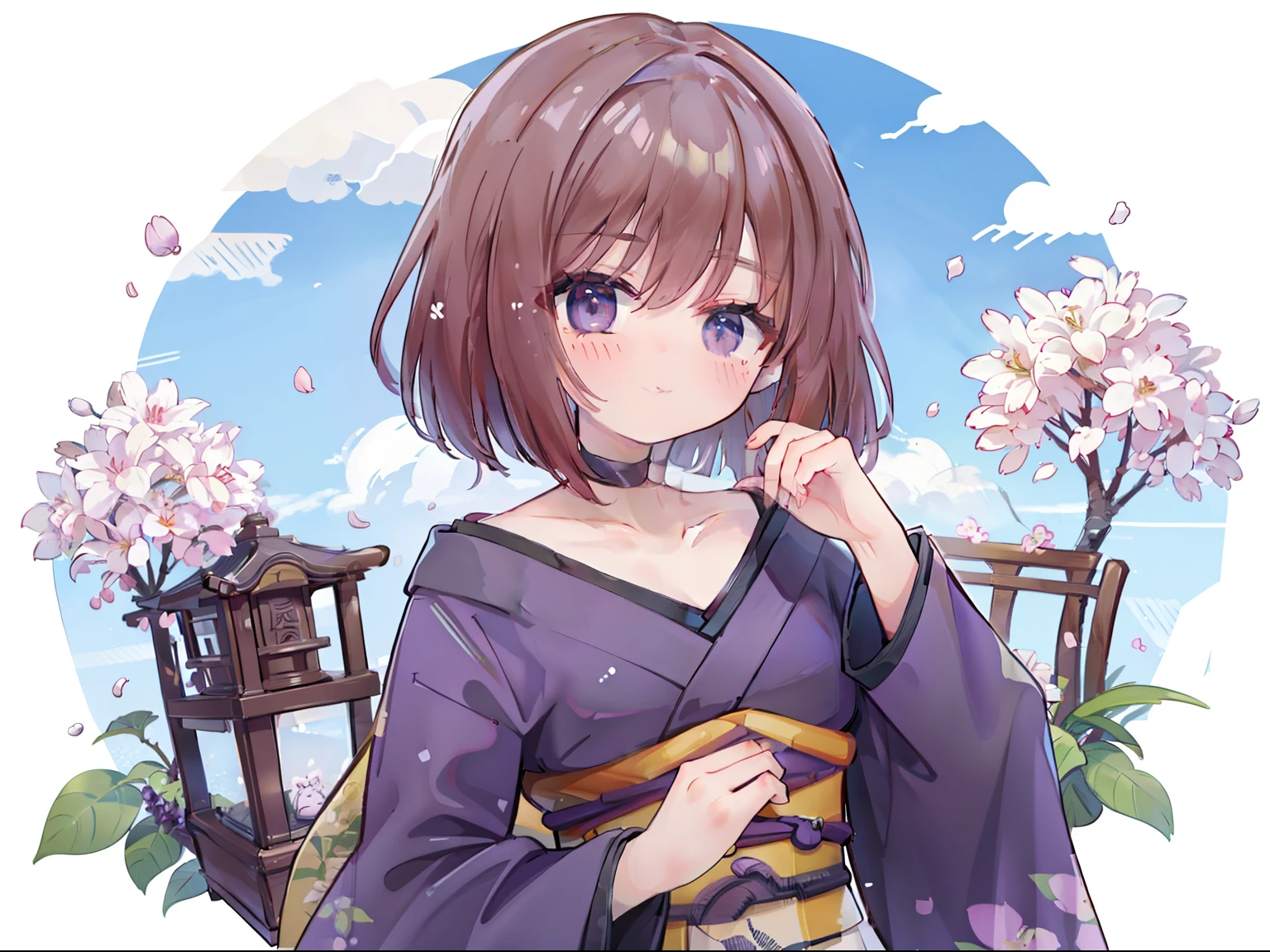 extremely detailed CG unified 8k wallpaper, very fine 8KCG wallpaper, absurderes，Lori ，Best Quality ，ultra-detailliert ，Beautiful face  ，​masterpiece、top-quality ，Best Quality ，ultra-detailliert ，Beautiful face、​masterpiece、top-quality、Imperial Flower Attack Team、head band、sumire kanzaki、cups、Violet flowers、Cherry blossoms are blooming、Taisho cityscape