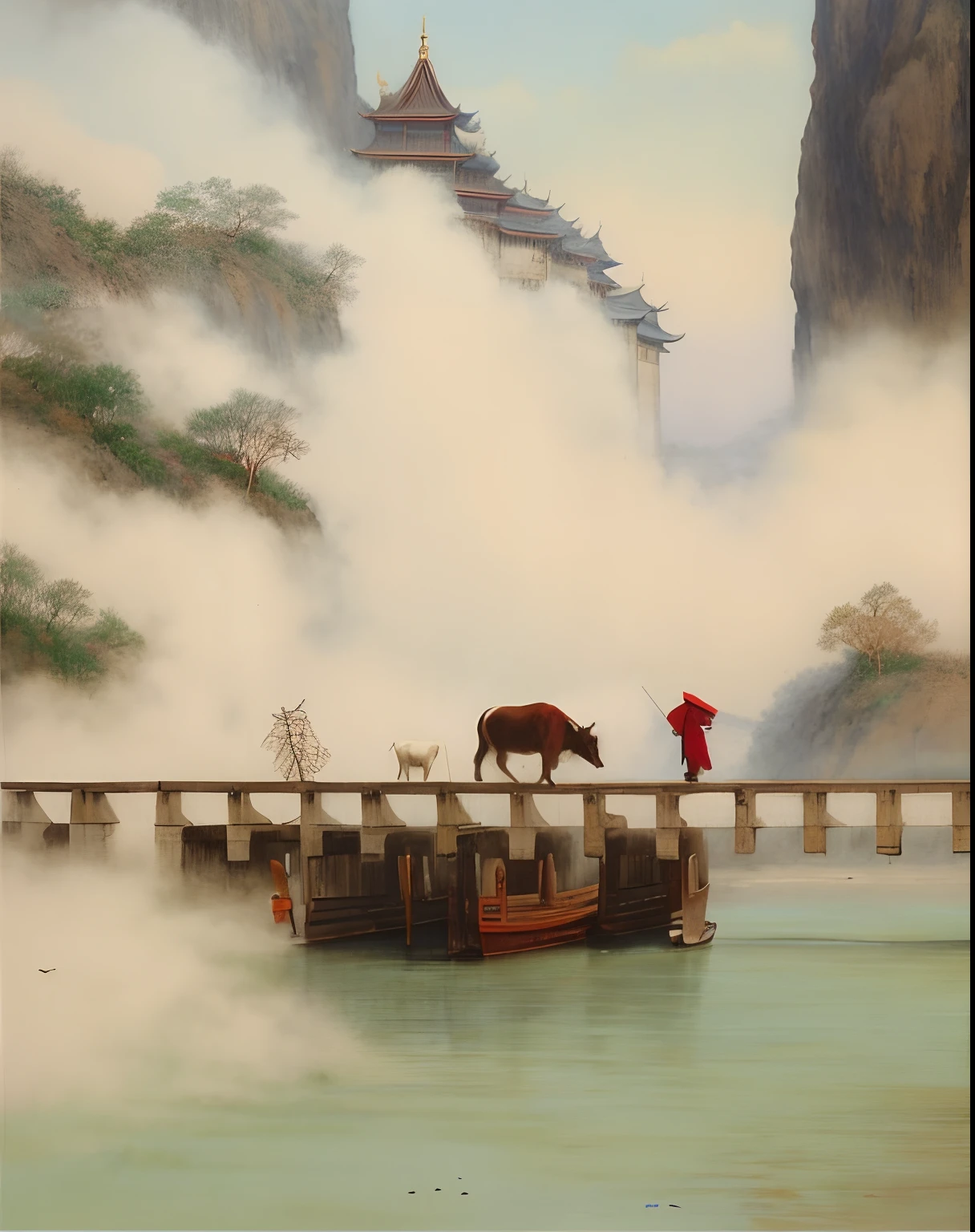 there are two people walking on a bridge with a cow at foggy morning by Zheng Xie, by Xia Yong, by Shang Xi, by Yuan Jiang, by Zou Zhe, by Xu Xi, by Ye Xin, by Fei Danxu, by Ren Xiong, by Wu Hong, crossing the river, by Wu Wei, by Zhao Yuan, by Wang Yuan
