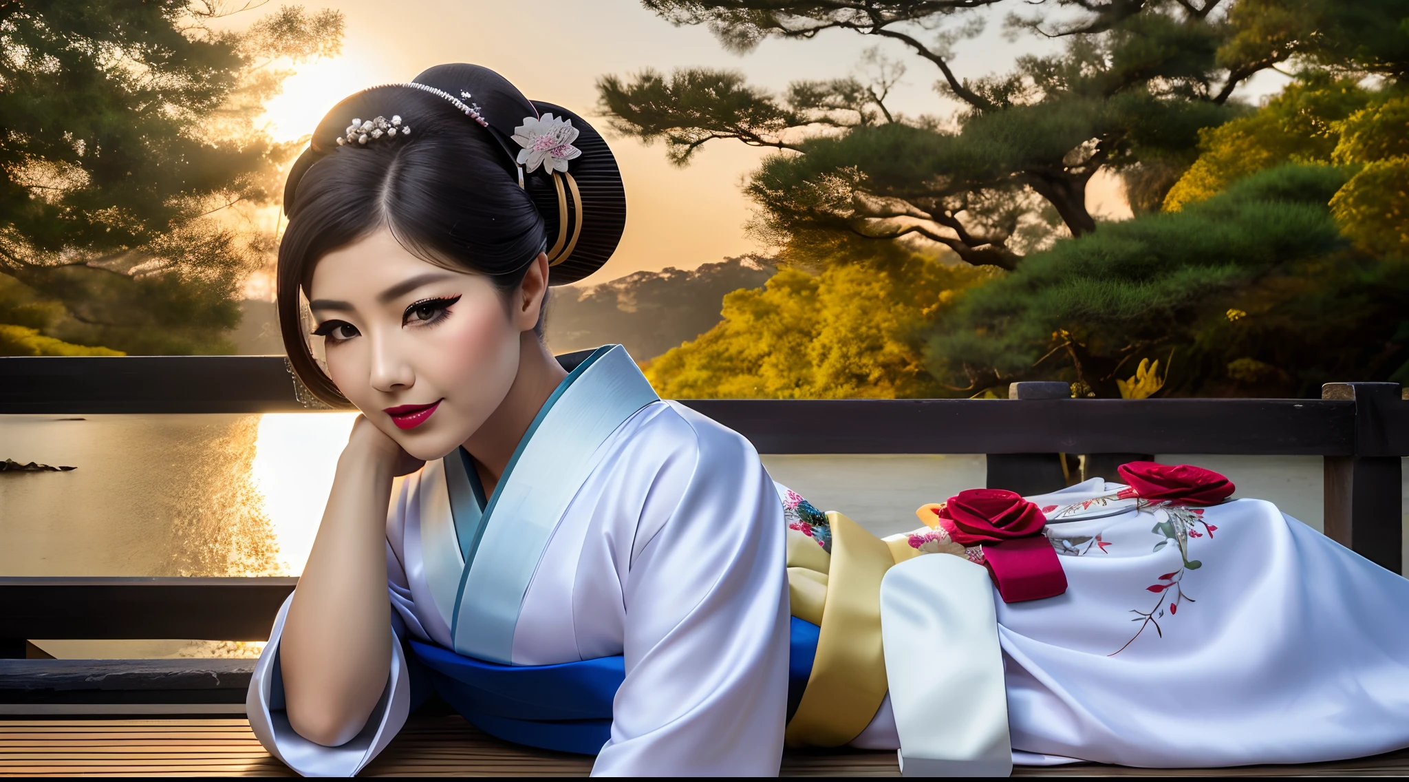 Imagem linda,poetics,gueixa hiponica,imagem 8k ou superior,exotic eyelashes,gorgeous red lips,maquiagem leve,cabelos lisos pretos,olhos hiperrealistas negros pensativa,foto rW,Nikon D7000.(Typical beautiful geisha clothing,Eastern Morning Sun,jardim belo de fundo hiperrealista)