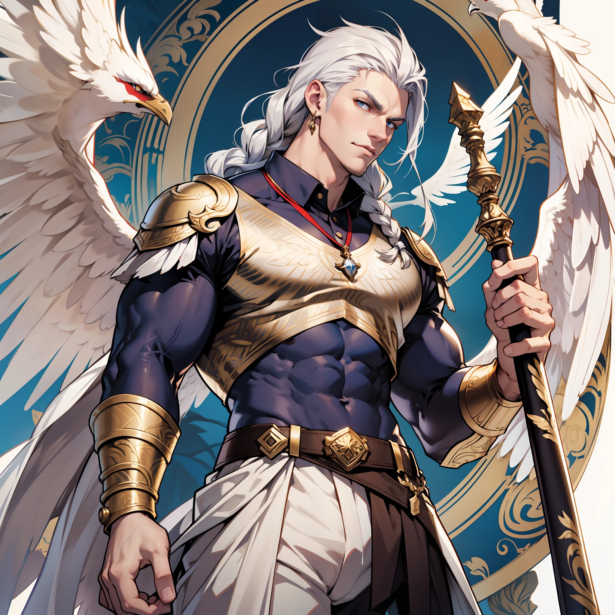 Caius is a handsome male, stands at 7ft tall. He has an athletic body structure. He wears royal attire thats silver and gold. He has beautiful long white silky hair and a golden eye color. He is seen with a staff. He has huge white wings. A big bulge in his pants. White Phoenix human form. His hair is braided back. Bara. Roman nose. Muscular. Defined jawline. Palace