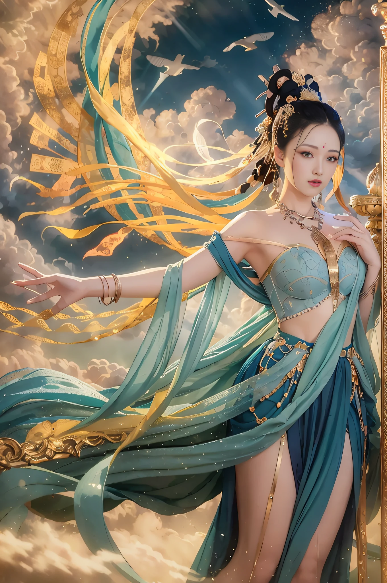 (8K, RAW photo, Best quality, tmasterpiece:1.2), (Realistic, photo-realistic:1.4), (Extremely detailed CG unified 8K wallpapers), ，1 girl solo, Dance, dunhuang_dress, dunhuang_Style, dunhuang_Background,Flight flyers arrive，Wearing a royal blue robe，Bounce the lute，It's like dancing in the clouds， Surrounded by a sea of clouds and birds，It's a fantastic wonderland，Clouds are meticulously outlined in the frescoes，Layer by layer，It was as if there were clouds fluttering；And those birds，Soar above the sea of clouds，Looks natural，Very energetic