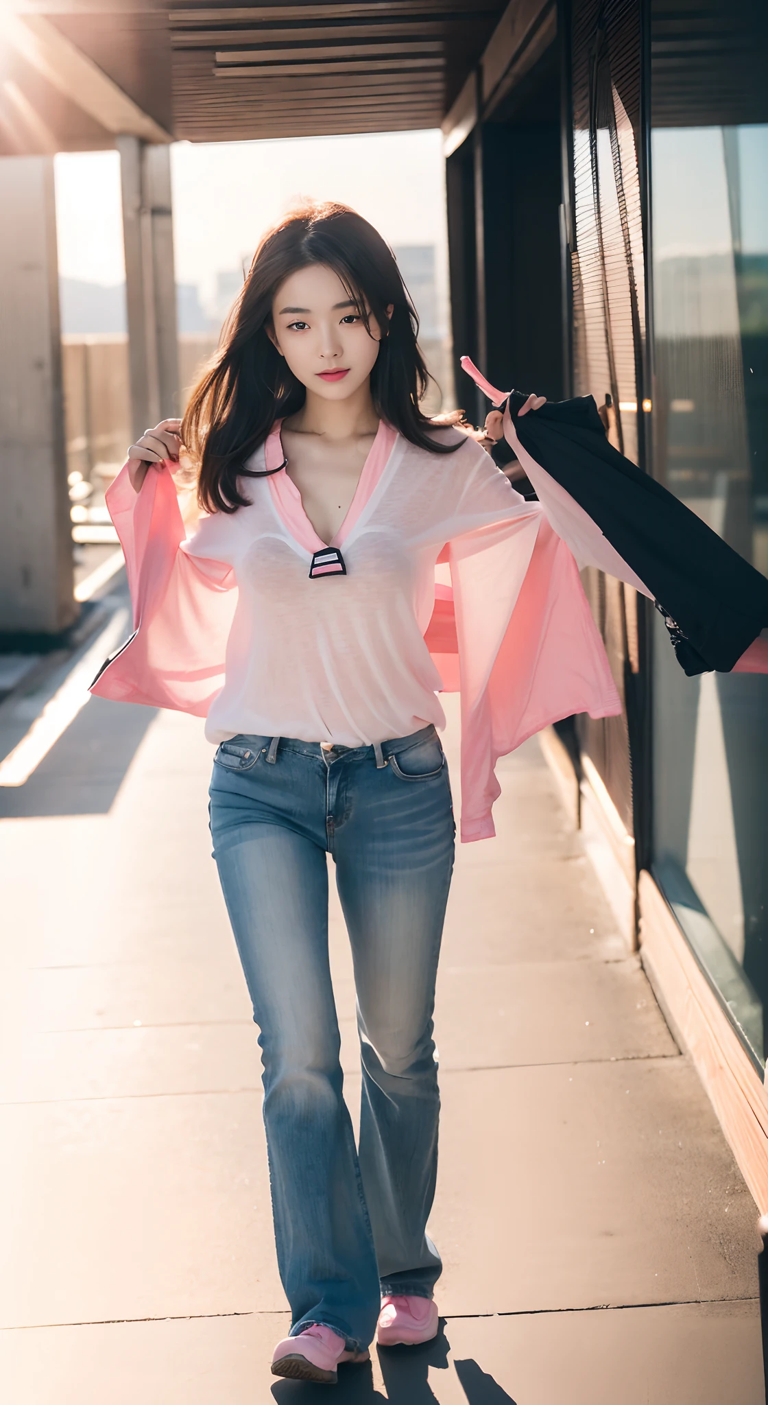 ((Best quality, 8K HD, Masterpiece: 1.3)),  (Wet clothes: 1.1), (rain, grassy fields: 1.3), 1 beautiful woman taking pictures on the grass，RAW photos，tmasterpiece，（highdetailskin：1.2），8k ultra high definition，digital SLR camera，gentlesoftlighting，high high quality，filmgrain，富士XT3，20 years old Asian woman，Wear simple clothes，T-shirt and skinny jeans，Detailed clothing details:1.3，perfect body figure，Perfect breasts and nipple bulge，The legs are straight and slender，Branded stylish shoes:0.6，Super detailed facial details and skin，Fair pink face and skin，The skin is pink，with light glowing，二重まぶた，Super detailed eyes，(Gloss on lips, eyeslashes, Glossy face, Best quality, Super high resolution, warm color，Wide lighting, naturalshadow), It's coquettish and sexy, Full body shooting: 1.8