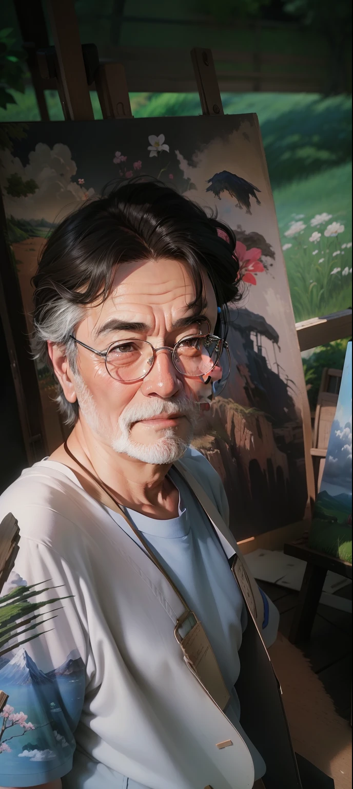 Realistic, authentic, beautiful and amazing landscape oil painting Studio Ghibli Hayao Miyazaki&#39;s petal grassland with blue sky and white clouds --v6