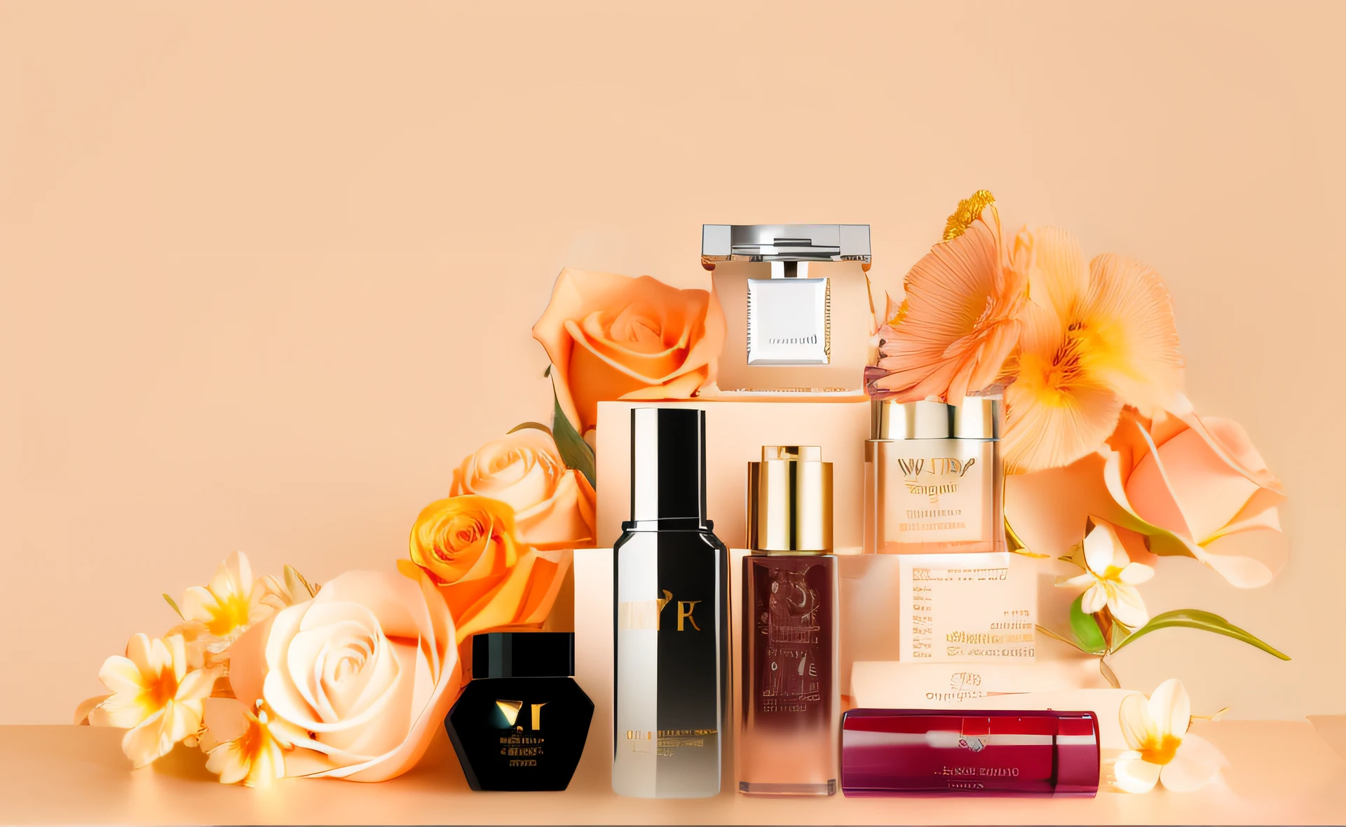 There are many different types of perfumes on the table, Intense, beauty campaign, ellegance, cosmetics, luxury item showcase, Showcase, perfume, products shot, high qualityProduct photography, Skincare, Professional product photography, jacqueline e, japanese collection product, Banner, vintage glow, big breasts beautiful, The most beautiful, Vignette, bautiful, Product photography, vibrant feel