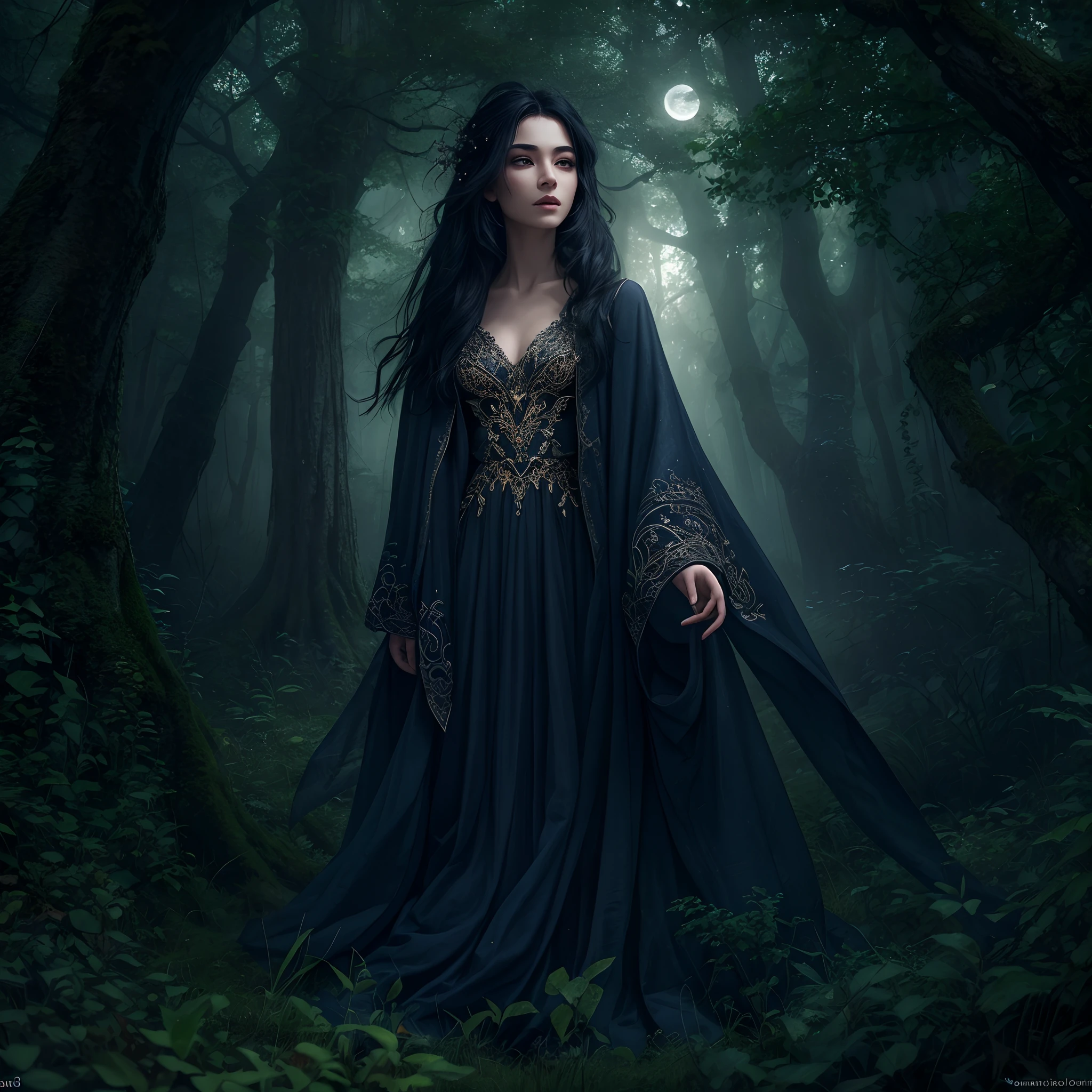 (Enigmatic sorcerer:1.1), (black hair:1.1), (mystical aura), (robe flowing:1.1), (flashing motion), (intricate embroidery), (forest backdrop:1.1), (magical atmosphere), (whispers of enchantment), (ancient trees), (dappled moonlight), (mysterious shadows), (faint glimmers), (ethereal glow), (captivating gaze), (spellbinding expression), (enchanted setting), (whispering secrets), (dark elegance), (forest's heart), (masterful artistry), (highly detailed:1.1).